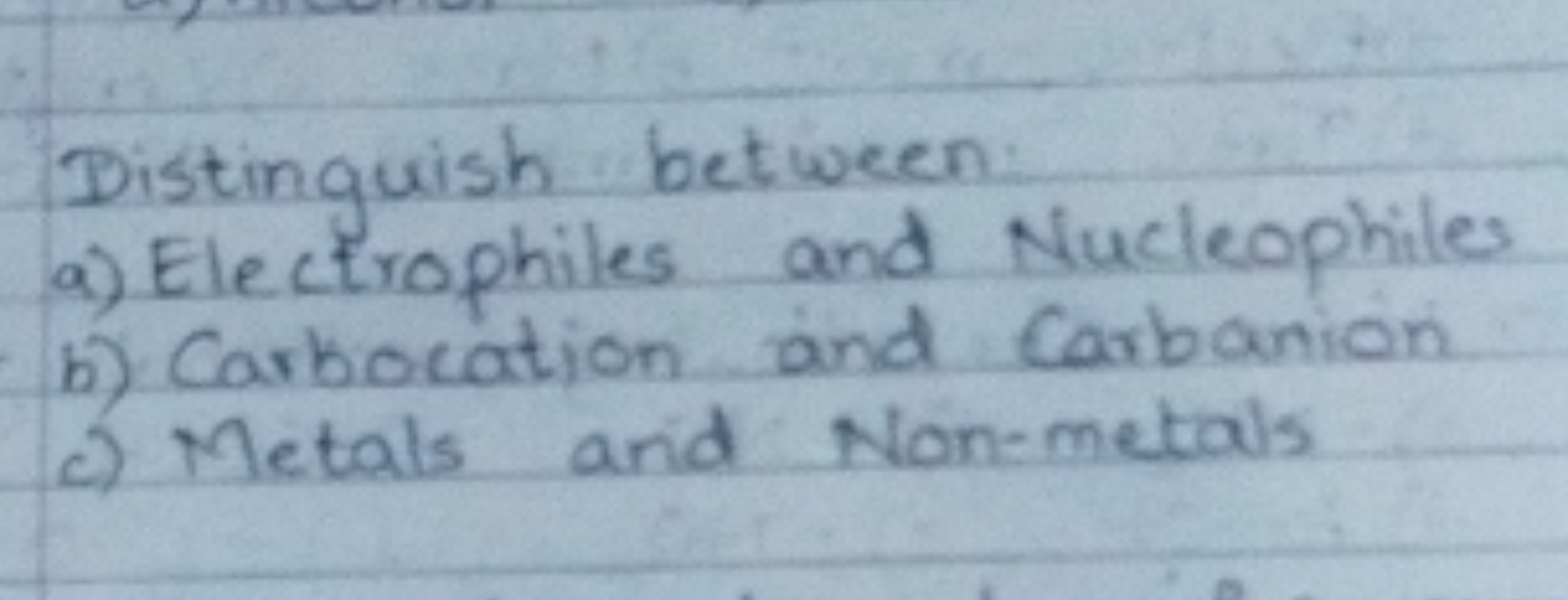 Distinguish between:
a) Electrophiles and Nucleophiles
b) Carbocation 