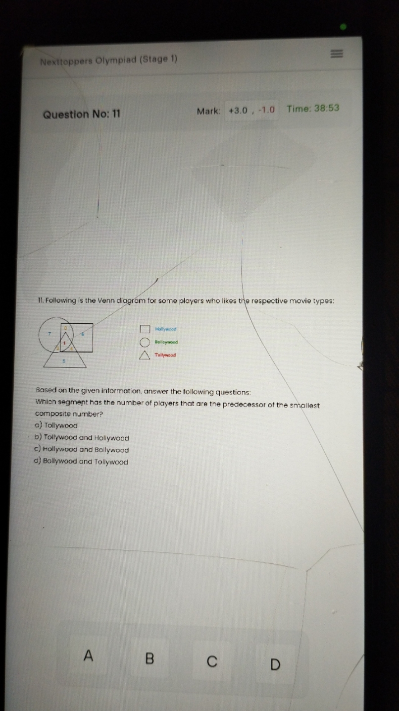 Nexttoppers Olympiad (Stage 1)
Question No: 11
Mark:
+3.0,−1.0
Time: 3