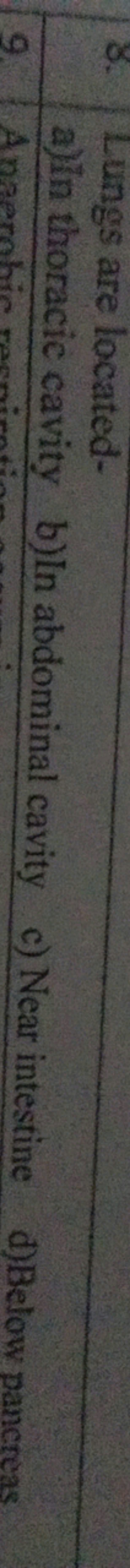 8. Lungs are located-
a) In thoracic cavity
b) In abdominal cavity
c) 
