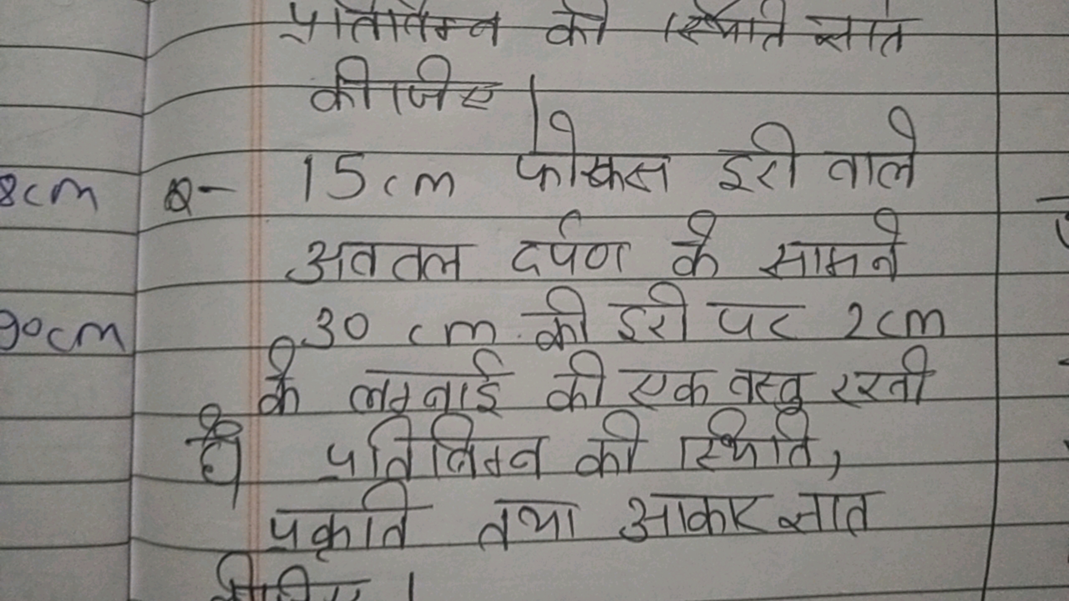 8 cm Q- 15 cm फोर्कस दूरी वाले अवतल दर्पण के सामने Q 30 cm की दूरी पर 