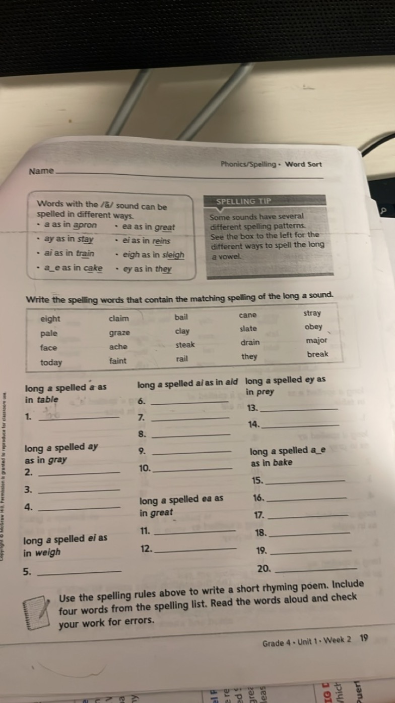 Name
Phonics/Spelling - Word Sort


Words with the /aˉ/ sound can be
S