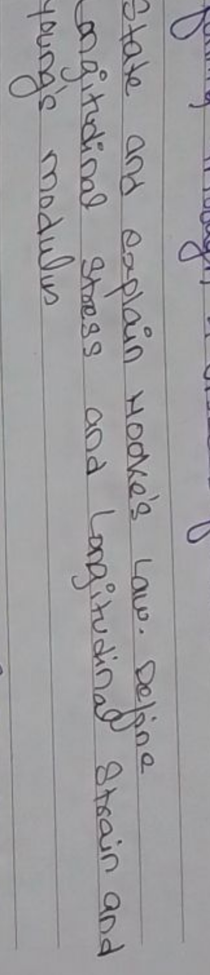 State and explain Hooke's Law. Define ongitudinal stress and Longitudi