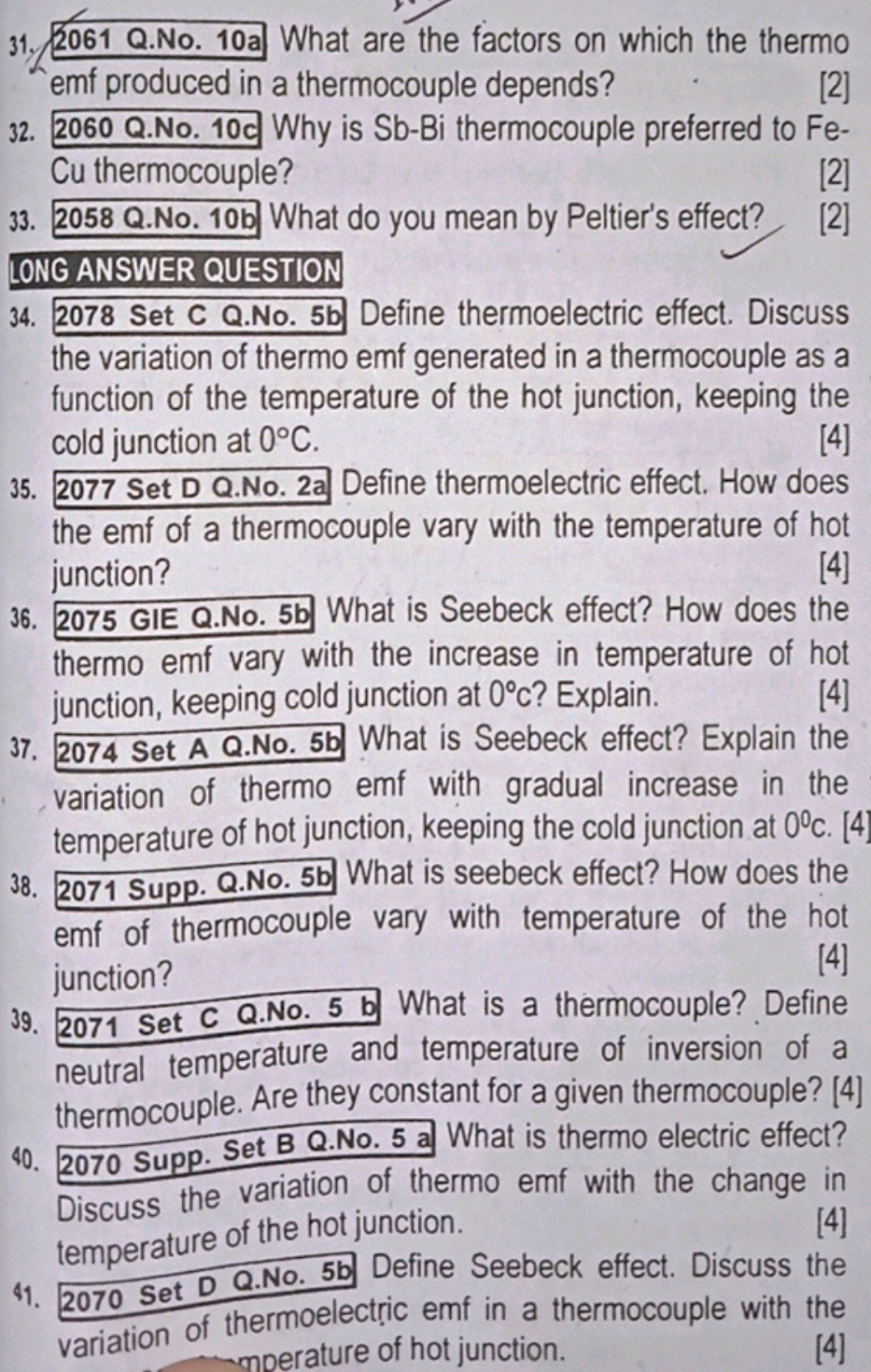 31. 2061 Q.No. 10a What are the factors on which the thermo emf produc