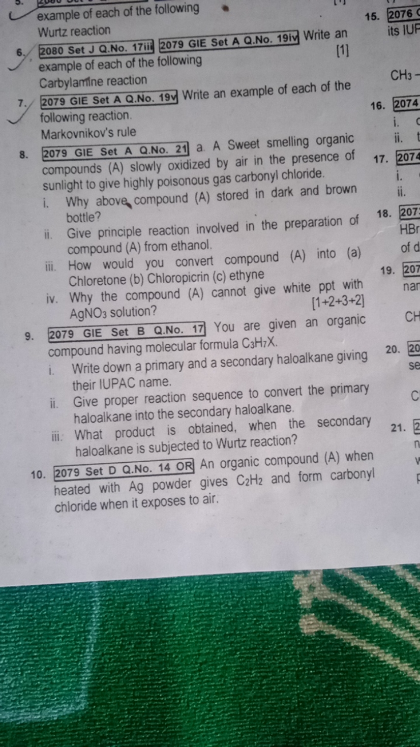 example of each of the following
15. 2076
Wurtz reaction
6. 2080 Set J