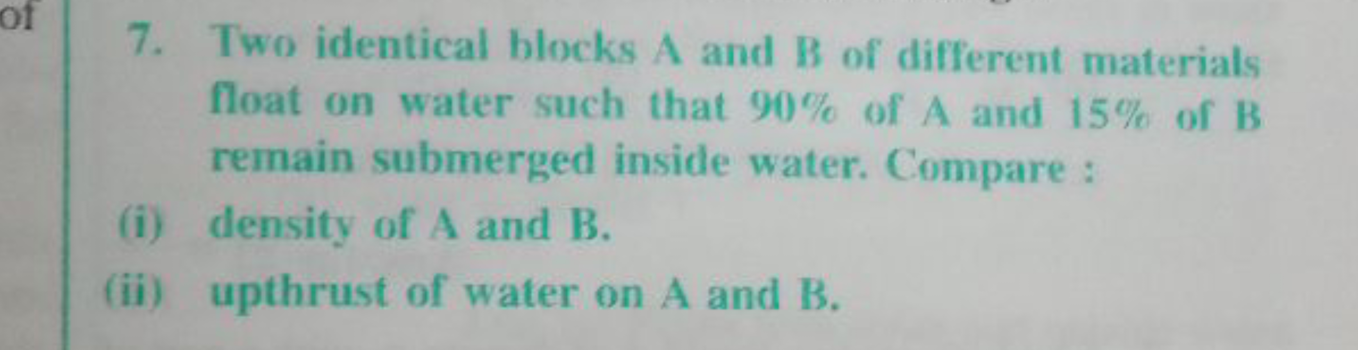 7. Two identical blocks A and B of different materials float on water 