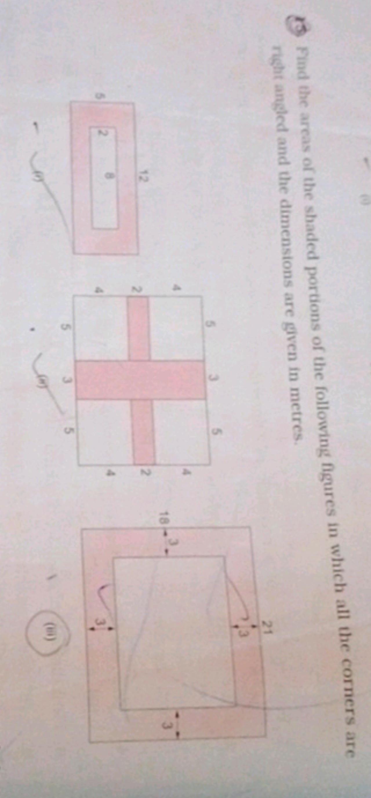 Find the areas of the shaded portions of the following figures in whic