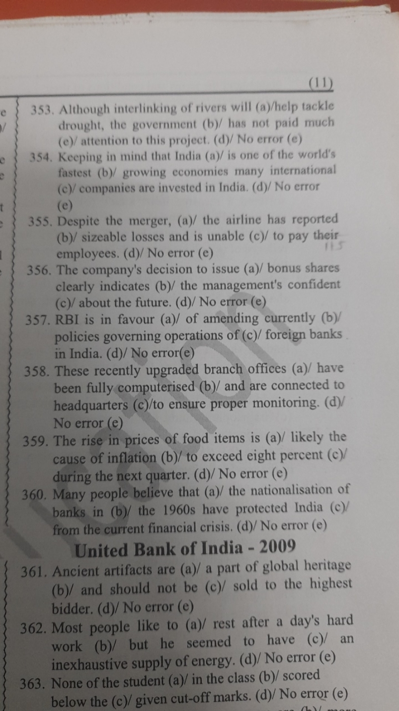 (11)
353. Although interlinking of rivers will (a)/help tackle drought