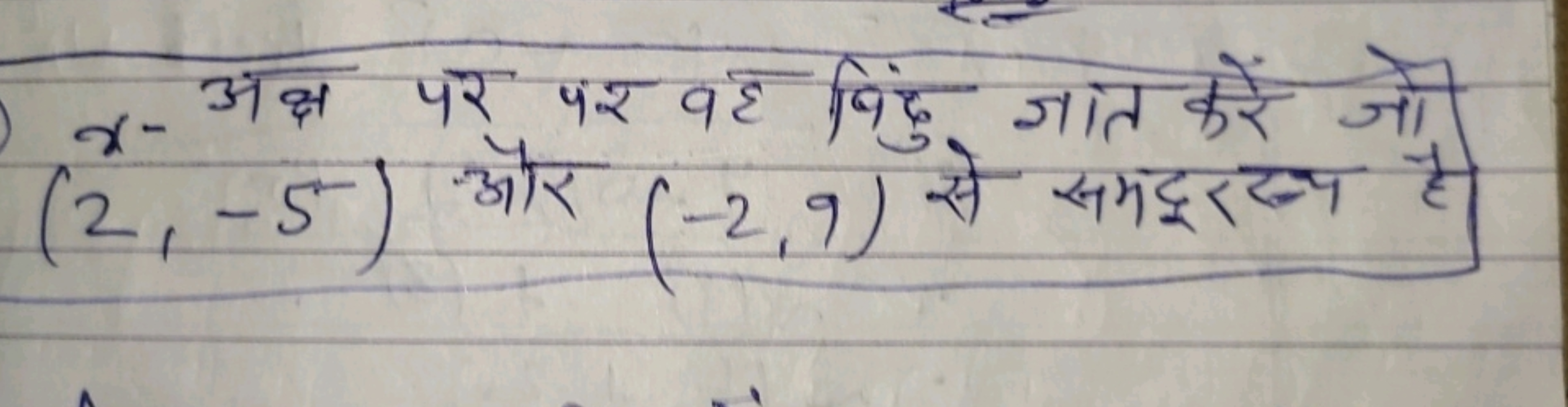 x-अक्ष पर पर वह बिंदु ज्ञात करें जो
(2,−5) और (−2,9) से समदूरत्य है। 