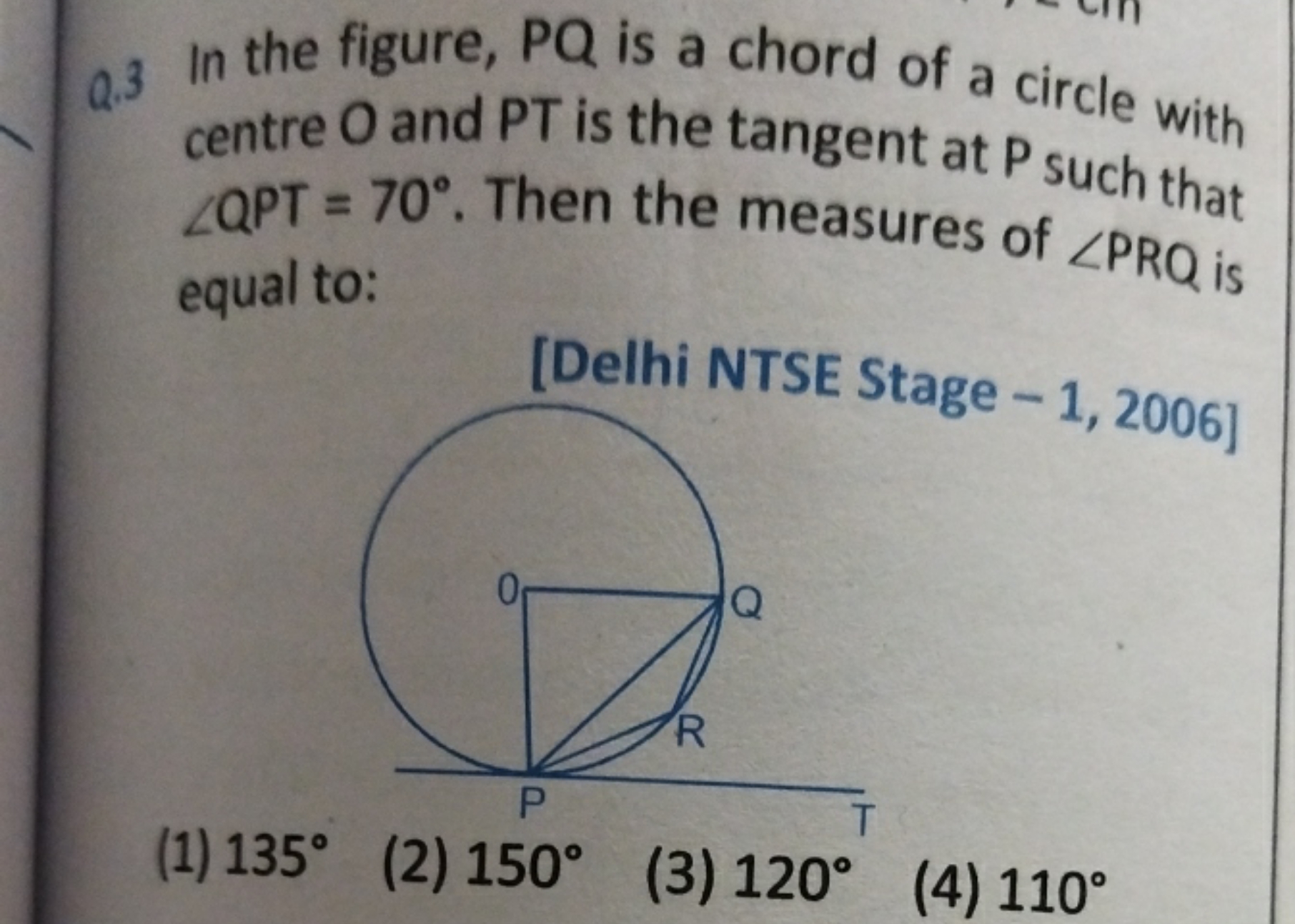 Q. 3 In the figure, PQ is a chord of a circle with centre O and PT is 