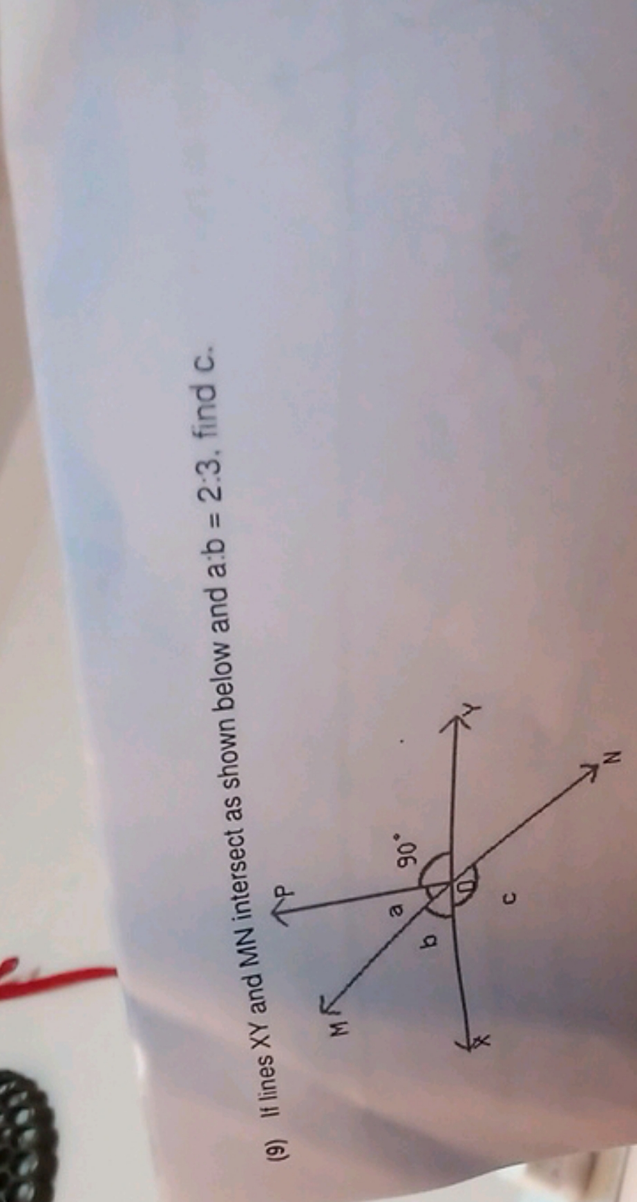 (9) If lines XY and MN intersect as shown below and a:b=2:3, find c.