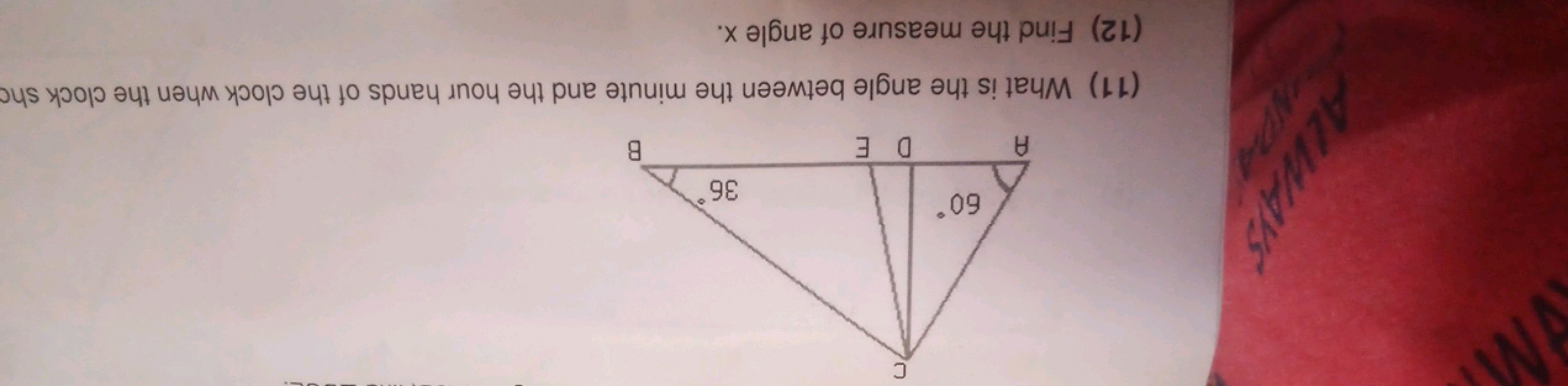 M
ALWAYS
MON
C
60°
A
DE
36°
B
(11) What is the angle between the minut