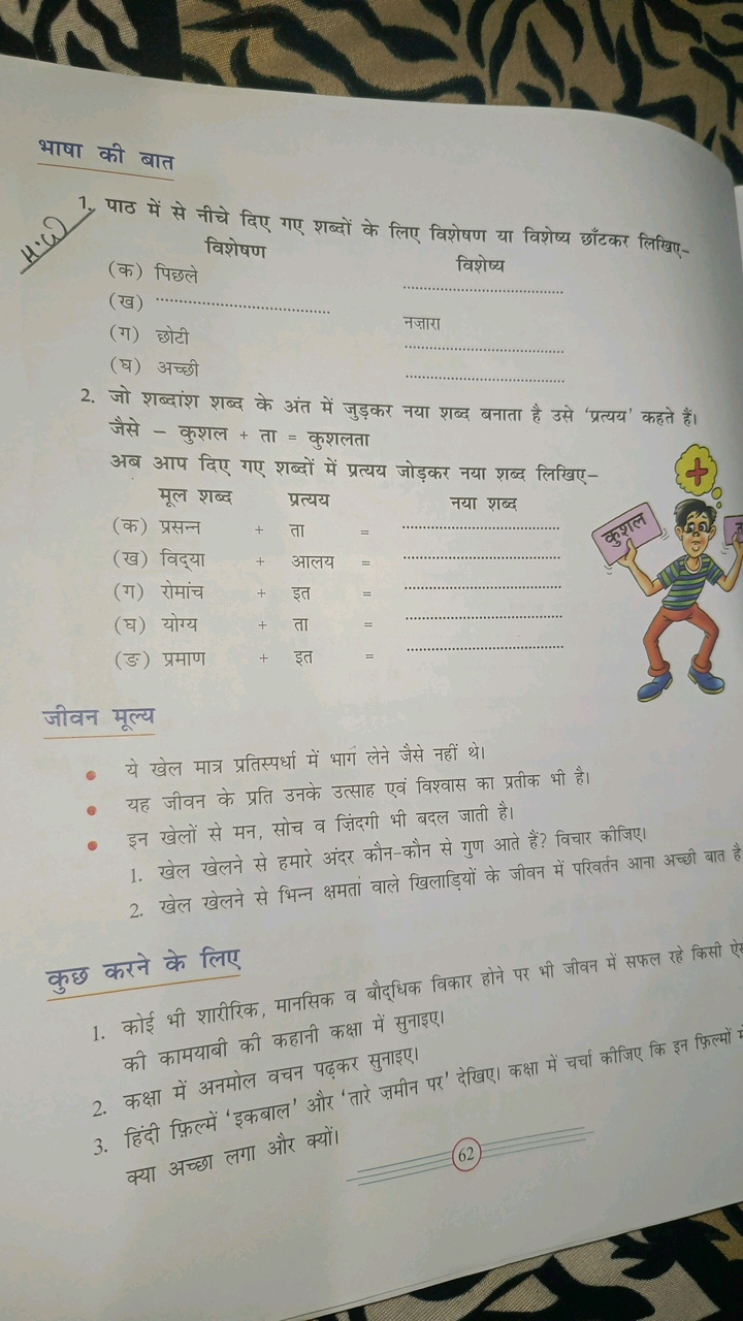 भाषा की बात
1. पाठ में से नीचे दिए गए शब्दों के लिए विशेषण या विशेष्य 