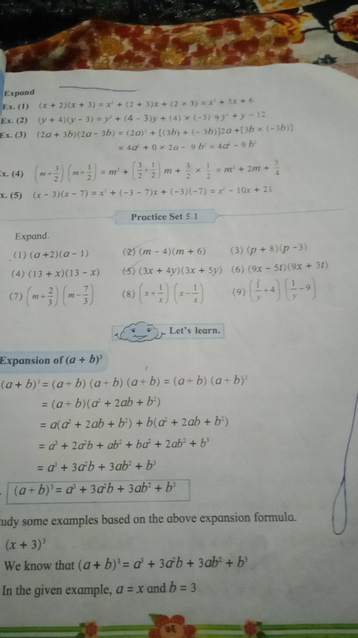 Expand
Ex. (1) (x+2)(x+3)=x3+(2+3)x+(2<3)=x2+5x+6
Ex. (2) (y+4)(y−3)=y