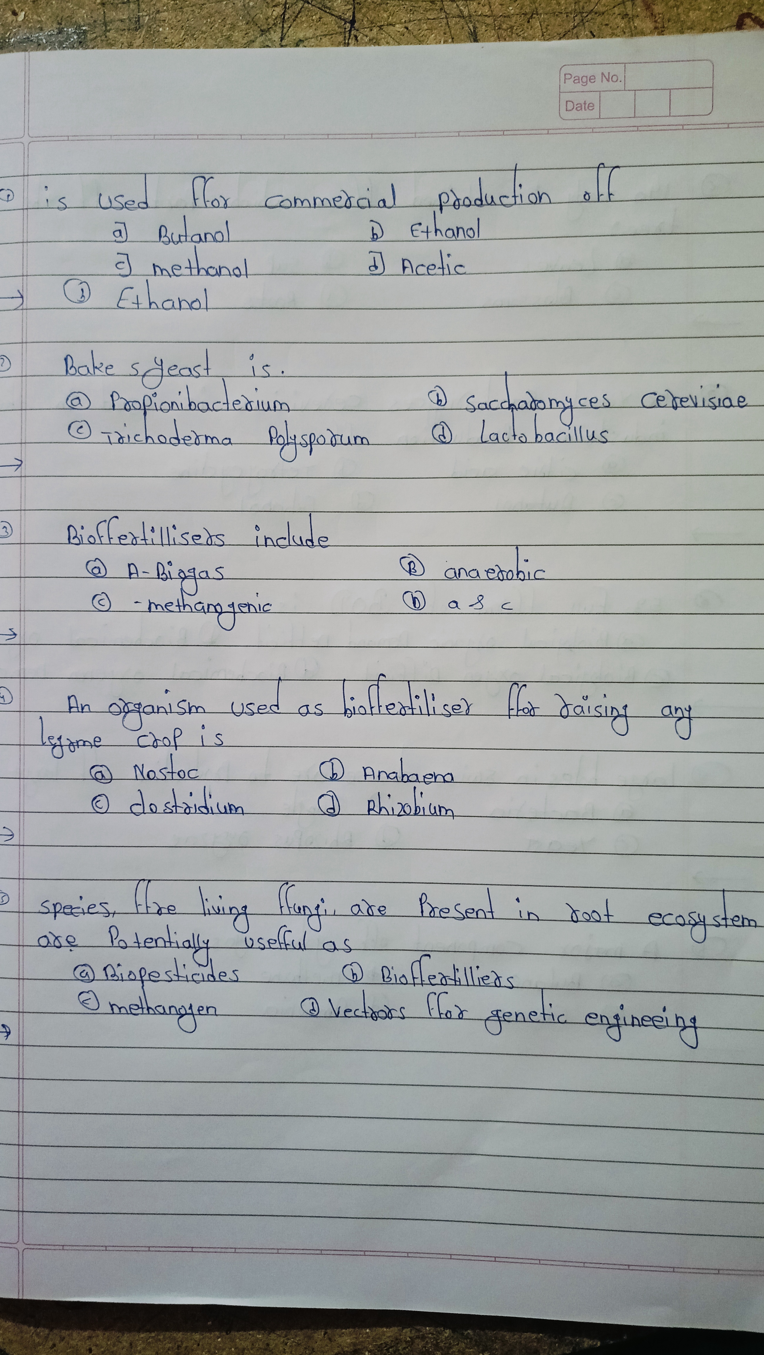 Page No.
Date
(1) is used ffor commercial production off.
a) Butanol
b