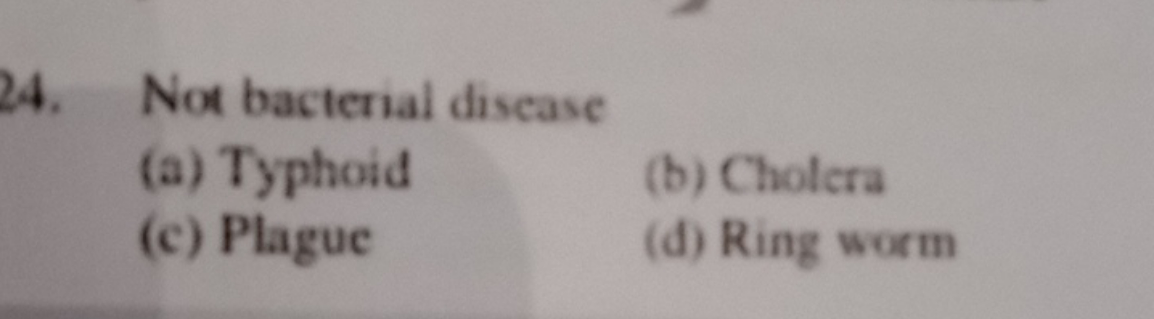 24. Not bacterial disease
(a) Typhoid
(b) Cholera
(c) Plague
(d) Ring 