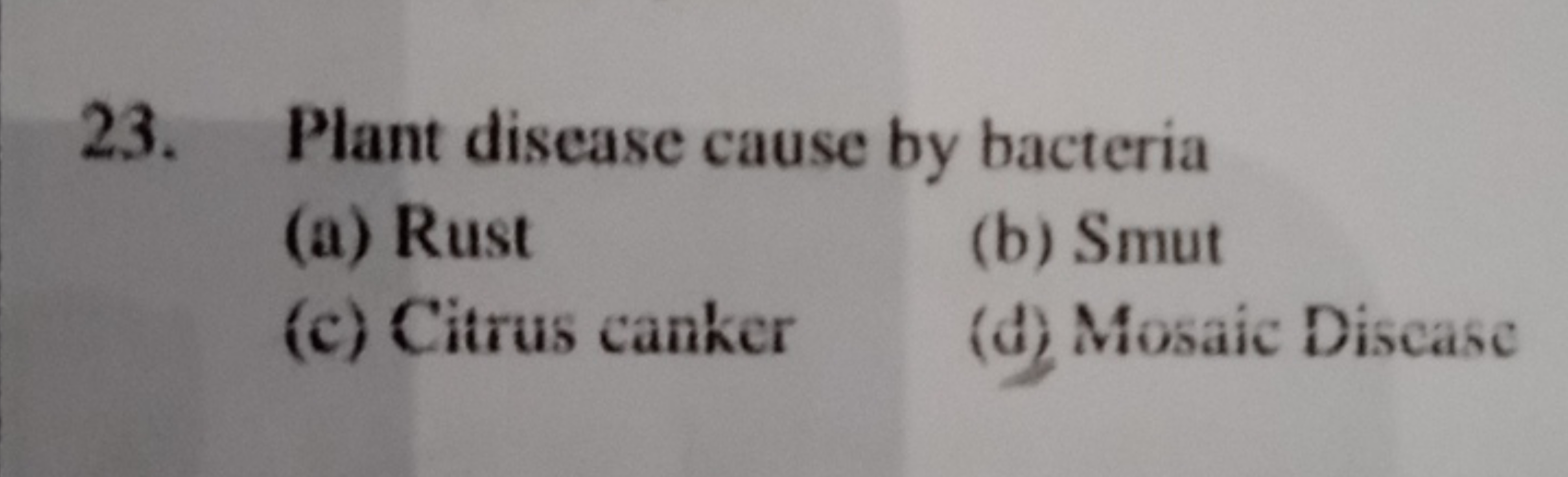 23. Plant disease cause by bacteria
(a) Rust
(b) Smut
(c) Citrus canke