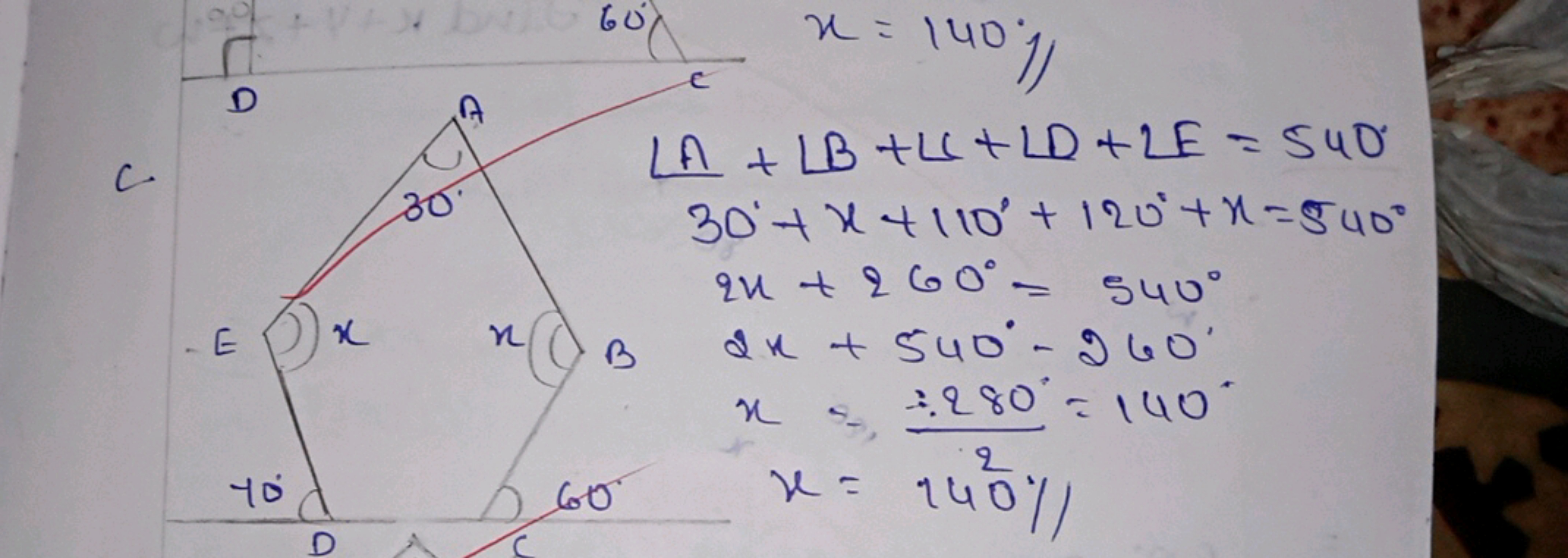 6060x=140%
c
∠A+∠B+∠C+∠D+LE=540∘30∘+x+110∘+120∘+x=540∘2x+260∘=540∘2x+5