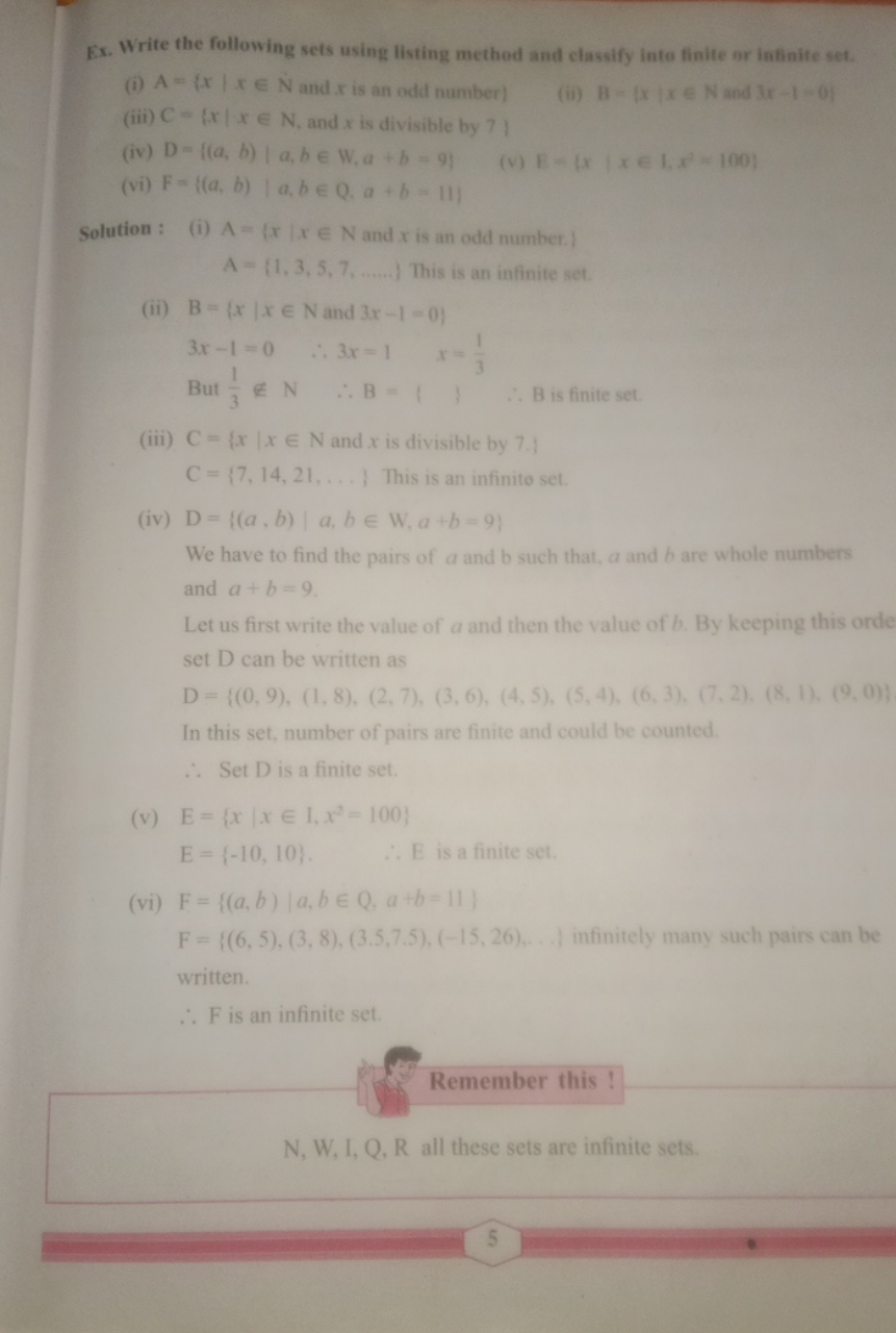 Ex. Write the following sets using listing method and classify into fi