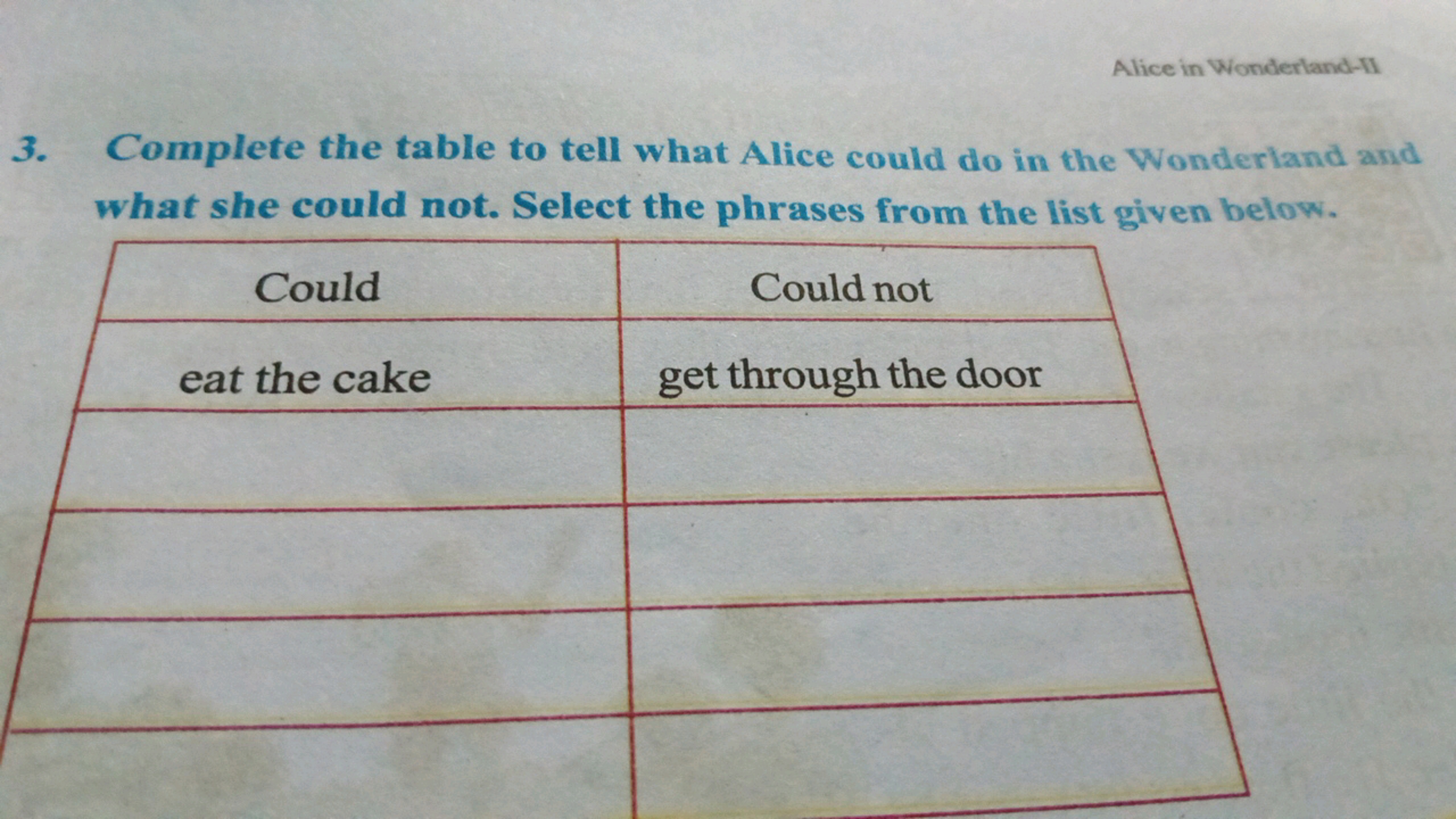 Alice in Wonderland-II
3. Complete the table to tell what Alice could 