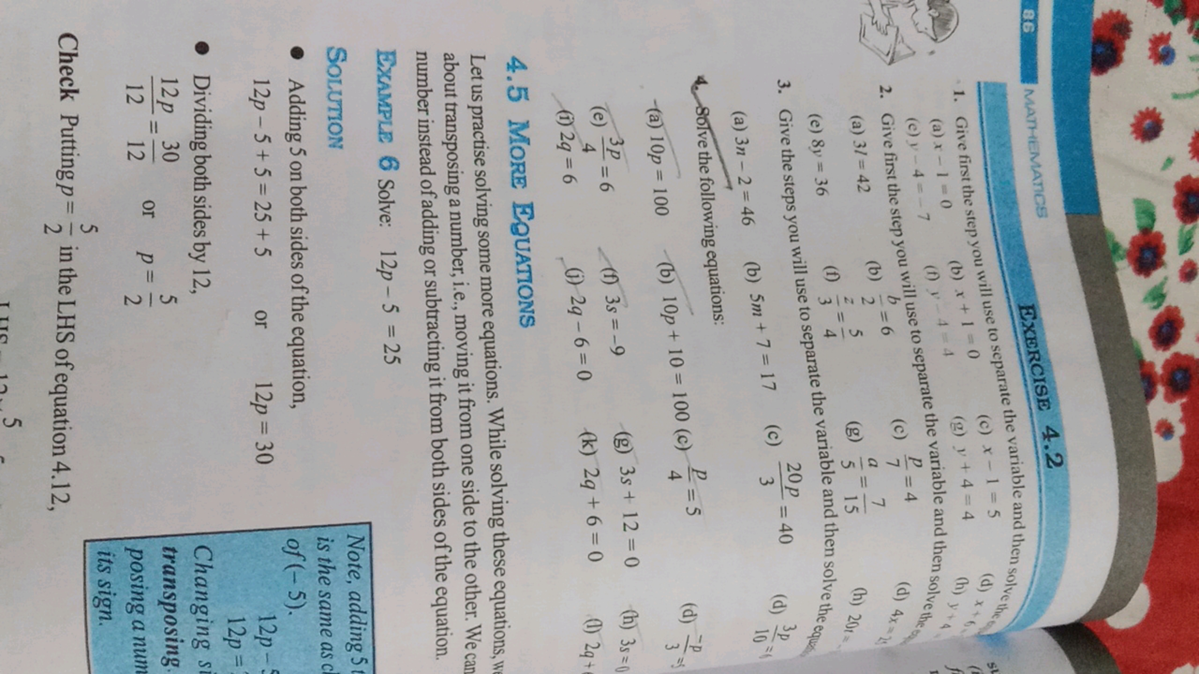 B6.
MATHEMATICS
EXERCISE 4.2
(a) x−1=0
(b) x+1=0
(g) y+4=4
(c) y−4=−7
