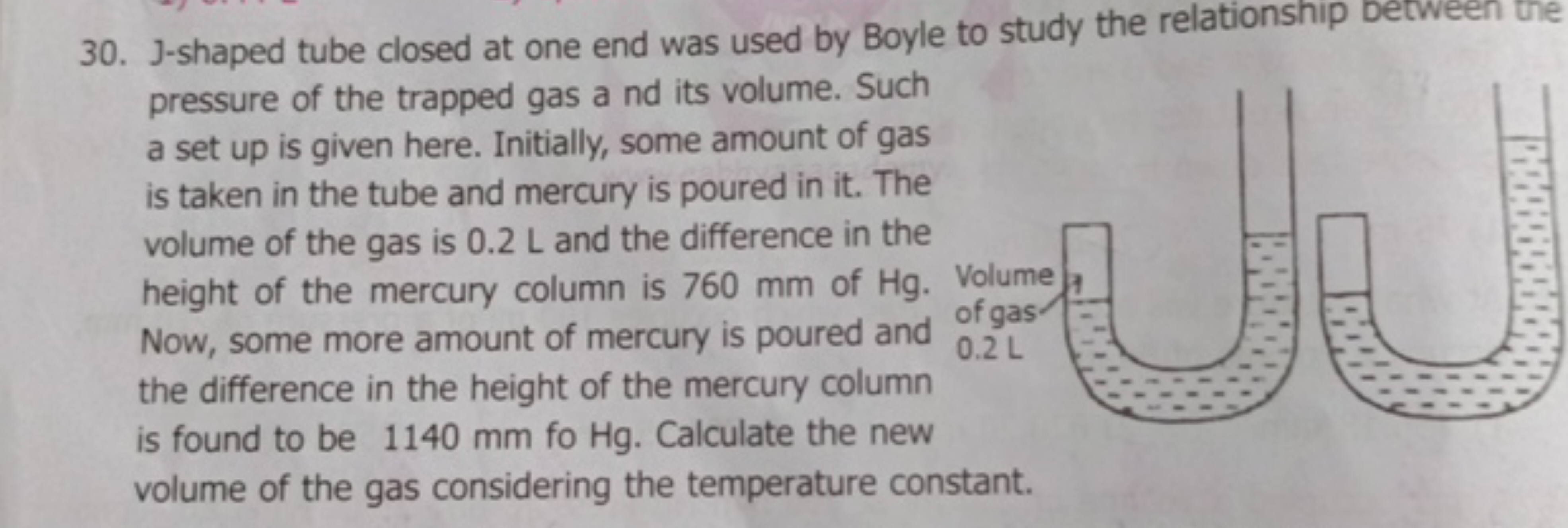 30. J-shaped tube closed at one end was used by Boyle to study the rel