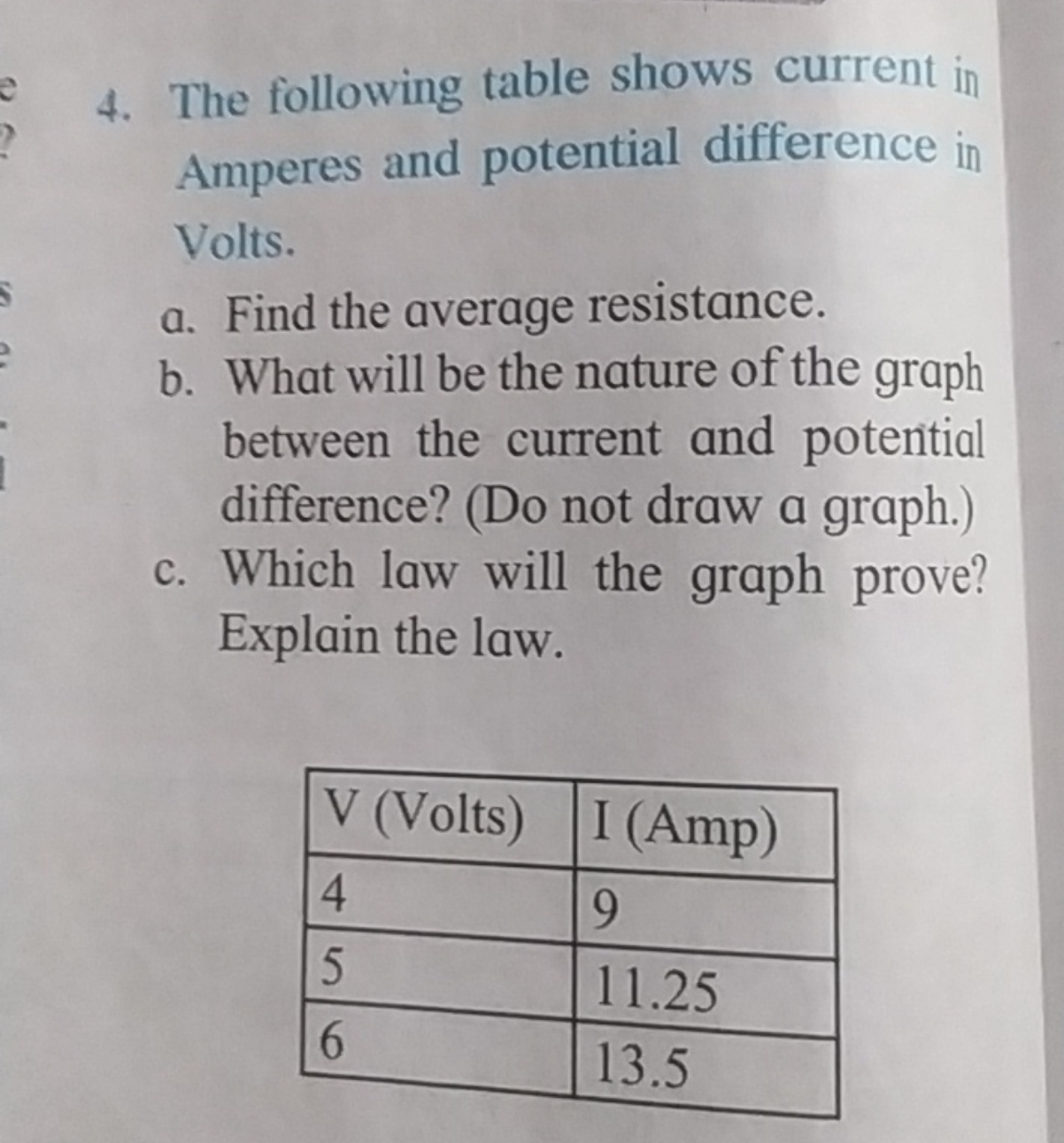 4. The following table shows current in Amperes and potential differen