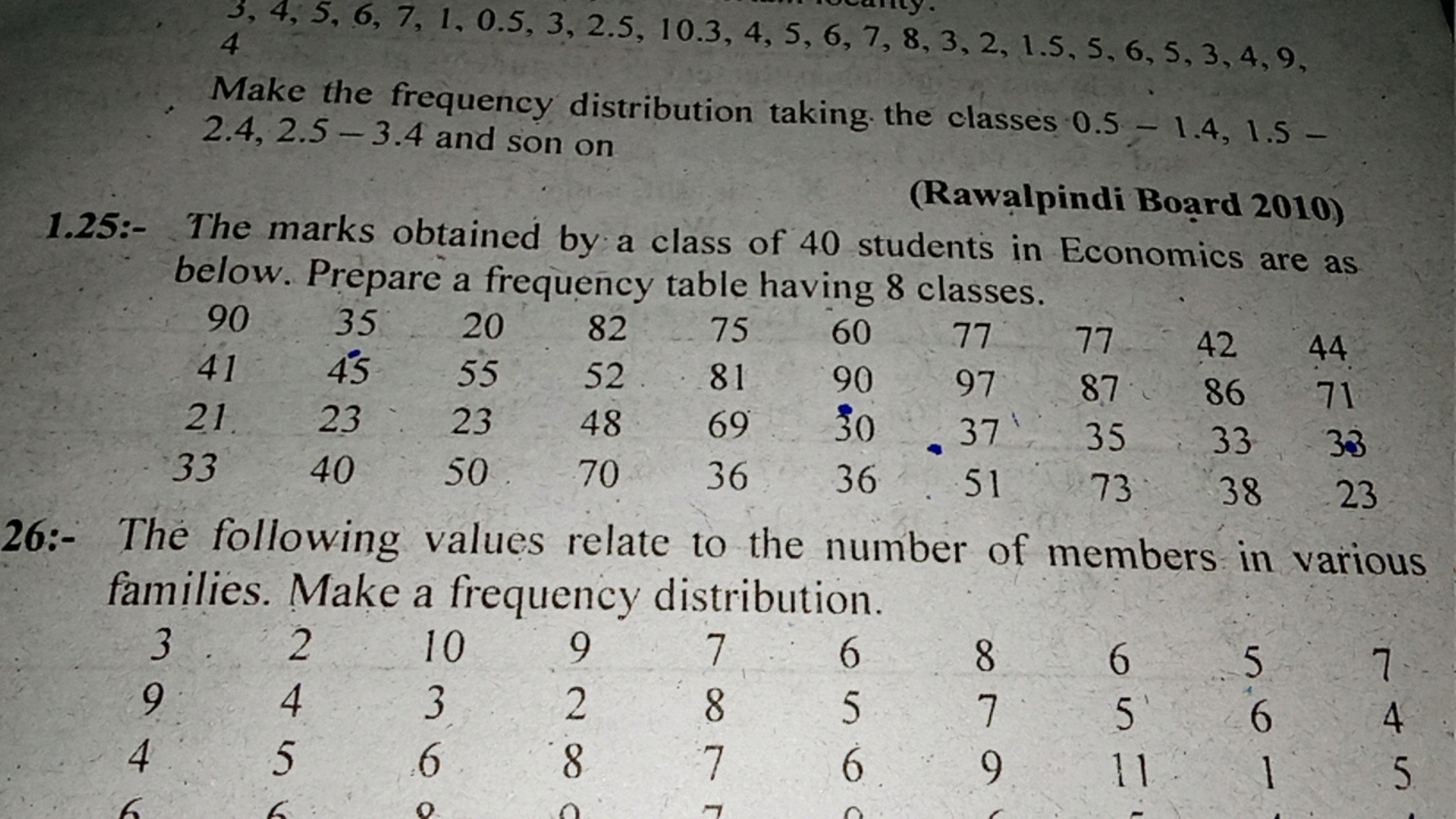 Make the frequency distribution taking the classes 0.5−1.4,1.5− 2.4,2.