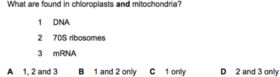 What are found in chloroplasts and mitochondria?
1 DNA
2 70S ribosomes