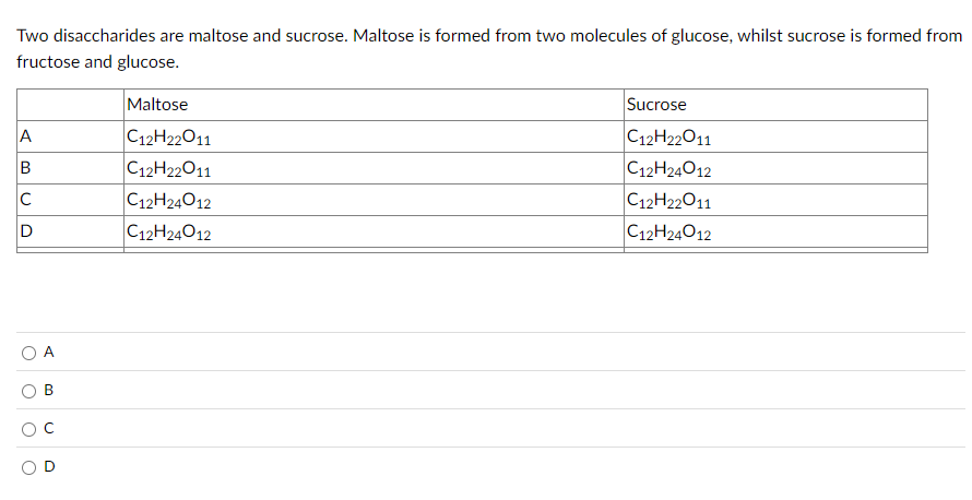 Two disaccharides are maltose and sucrose. Maltose is formed from two 