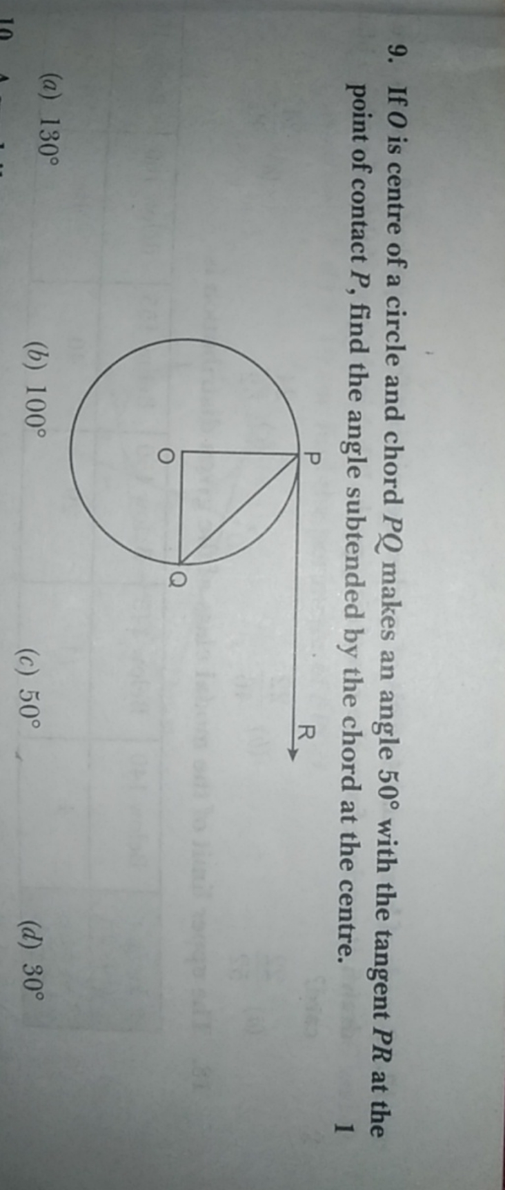 9. If O is centre of a circle and chord PQ makes an angle 50∘ with the