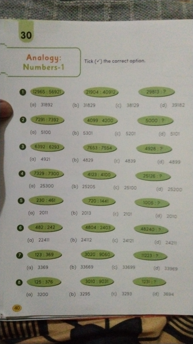 30

Analogy:
Numbers-1
(1) 12965:56921
(a) 31892
(2) 7291:7392
(a) 510