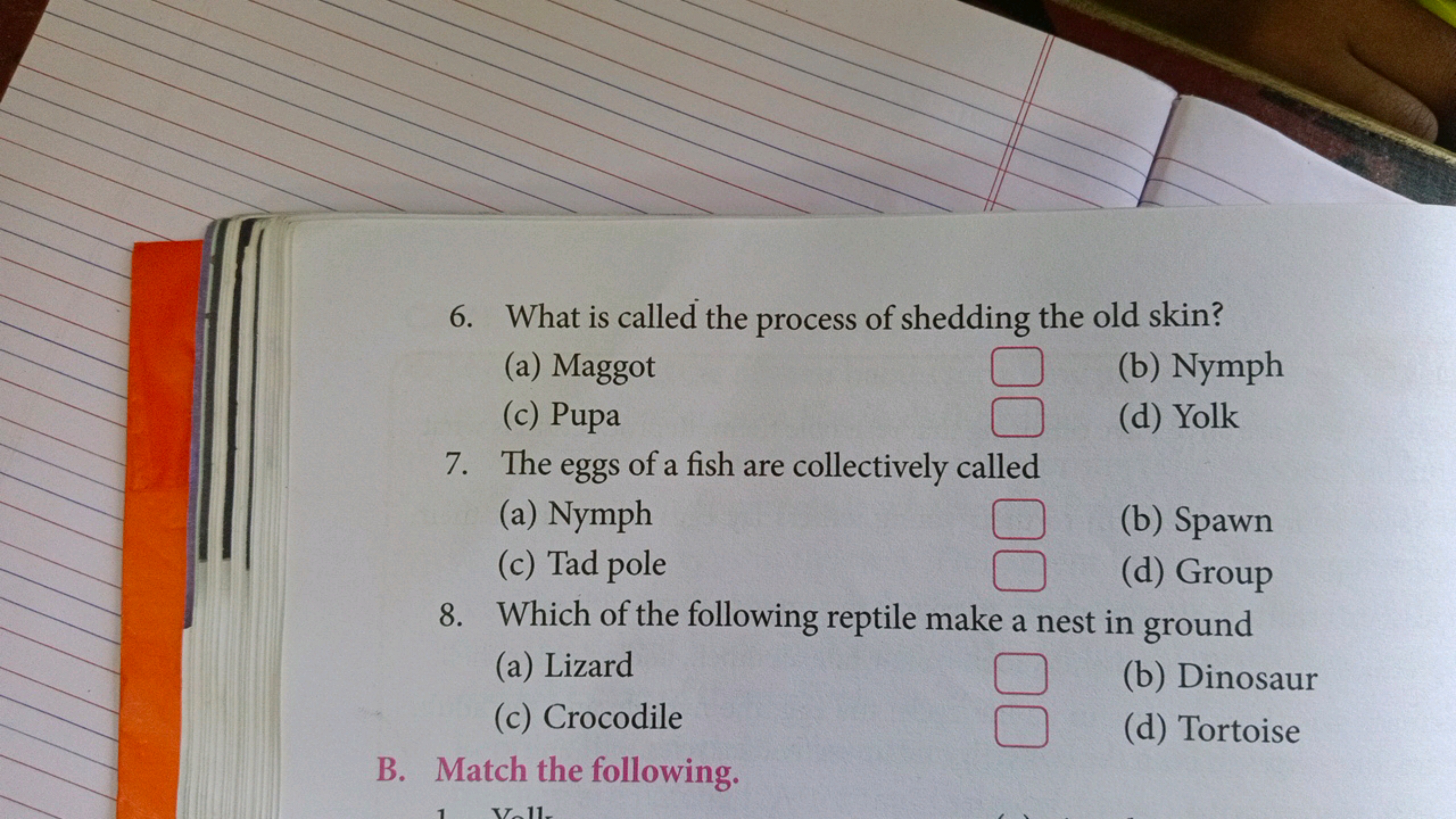 6. What is called the process of shedding the old skin?
(a) Maggot
(b)