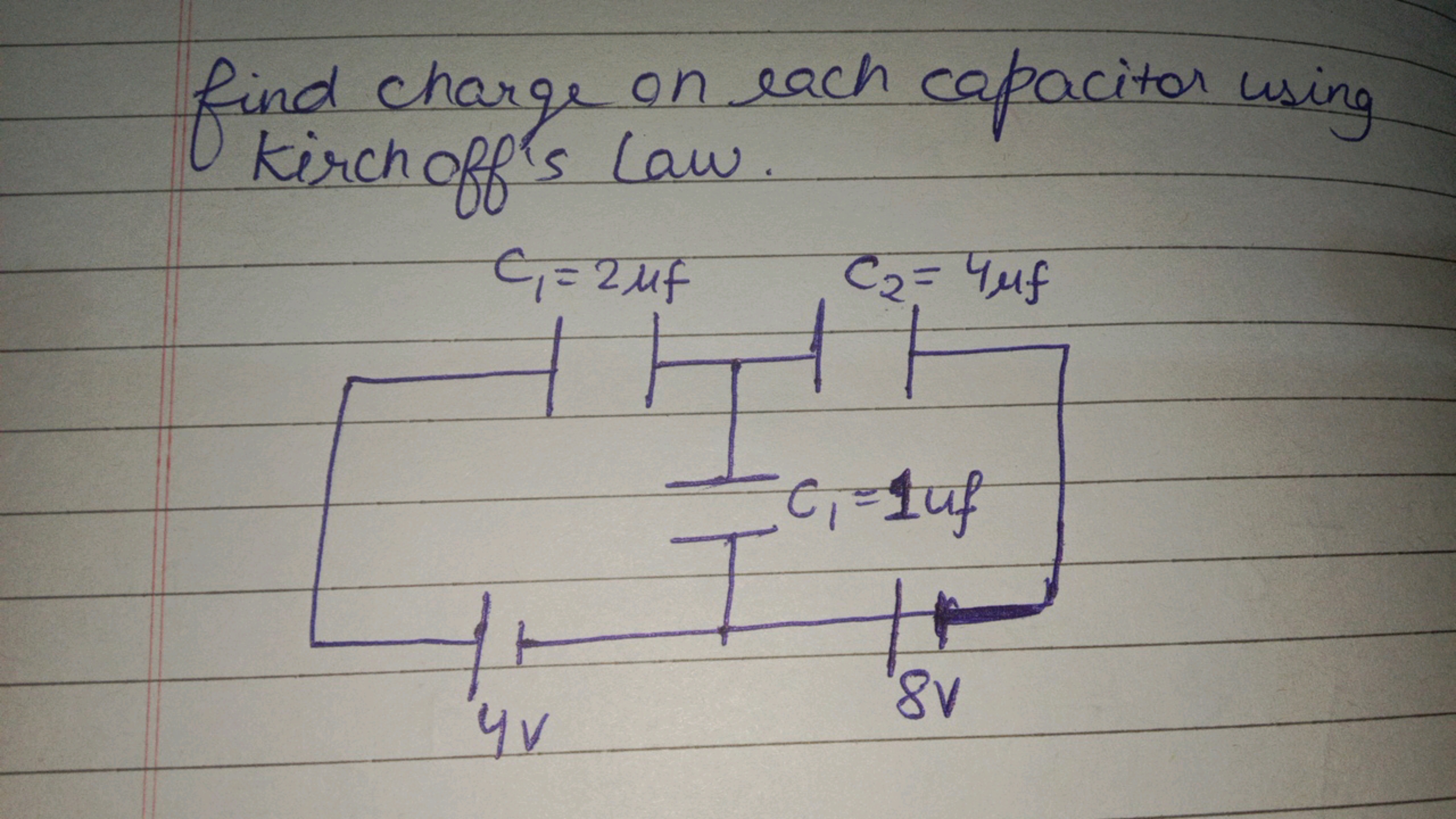 find charge on each capacitor using
Kirch off's Law.
C₁ = 2uf
C₂ = 4uf