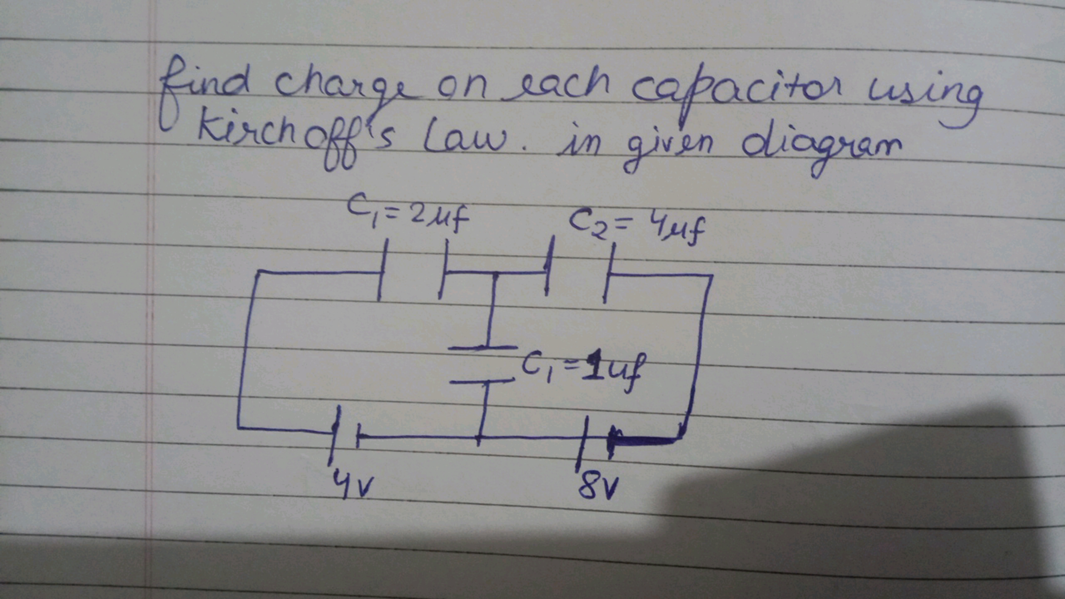 find charge on each capacitor using kerch off's Law. in given diagram