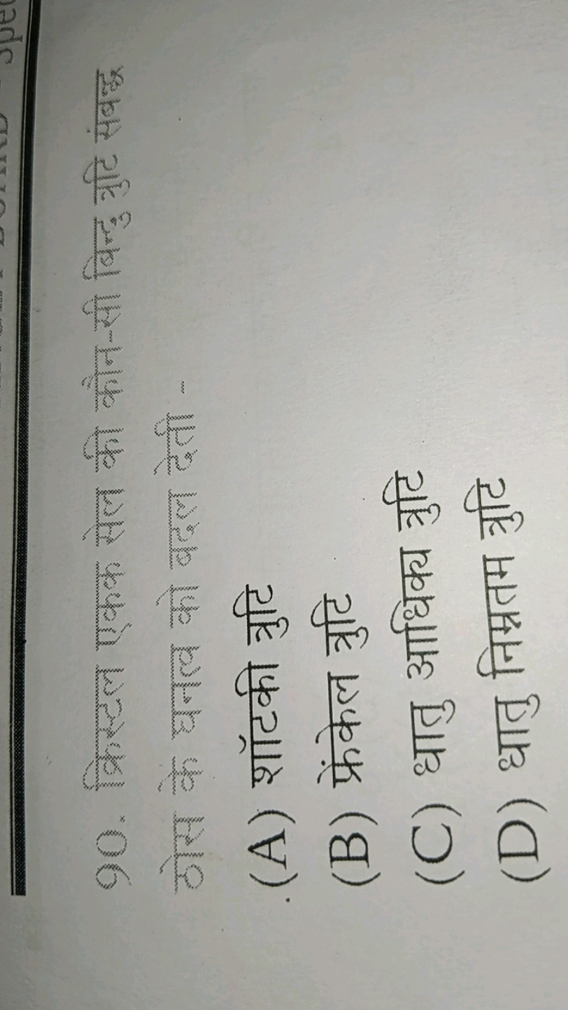 90. क्रिस्टल एकक सेल की कौन-सी बिन्दु न्रुटि संबन्ध ठोस के घनत्व को बद