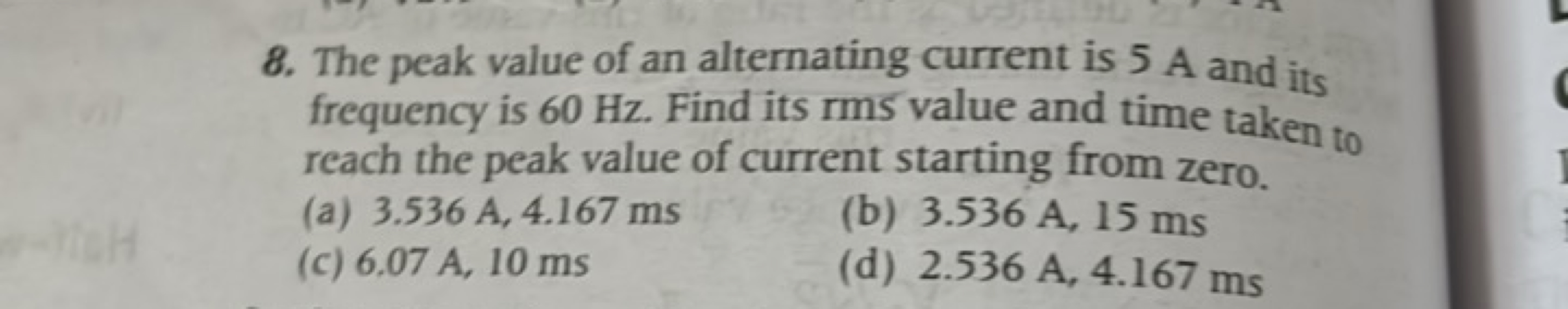 8. The peak value of an alternating current is 5 A and its frequency i