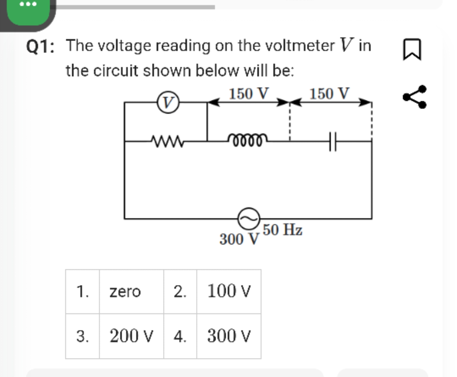 Q1: The voltage reading on the voltmeter V in the circuit shown below 