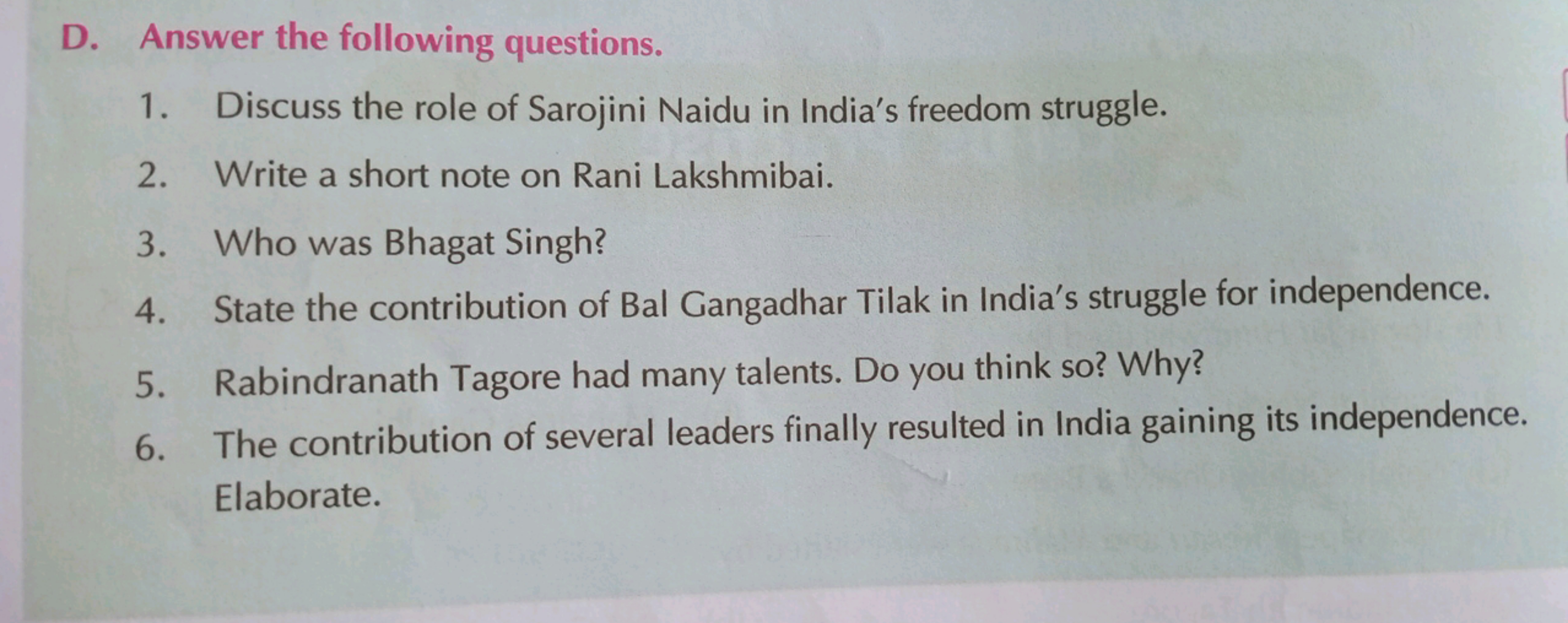 D. Answer the following questions.
1. Discuss the role of Sarojini Nai