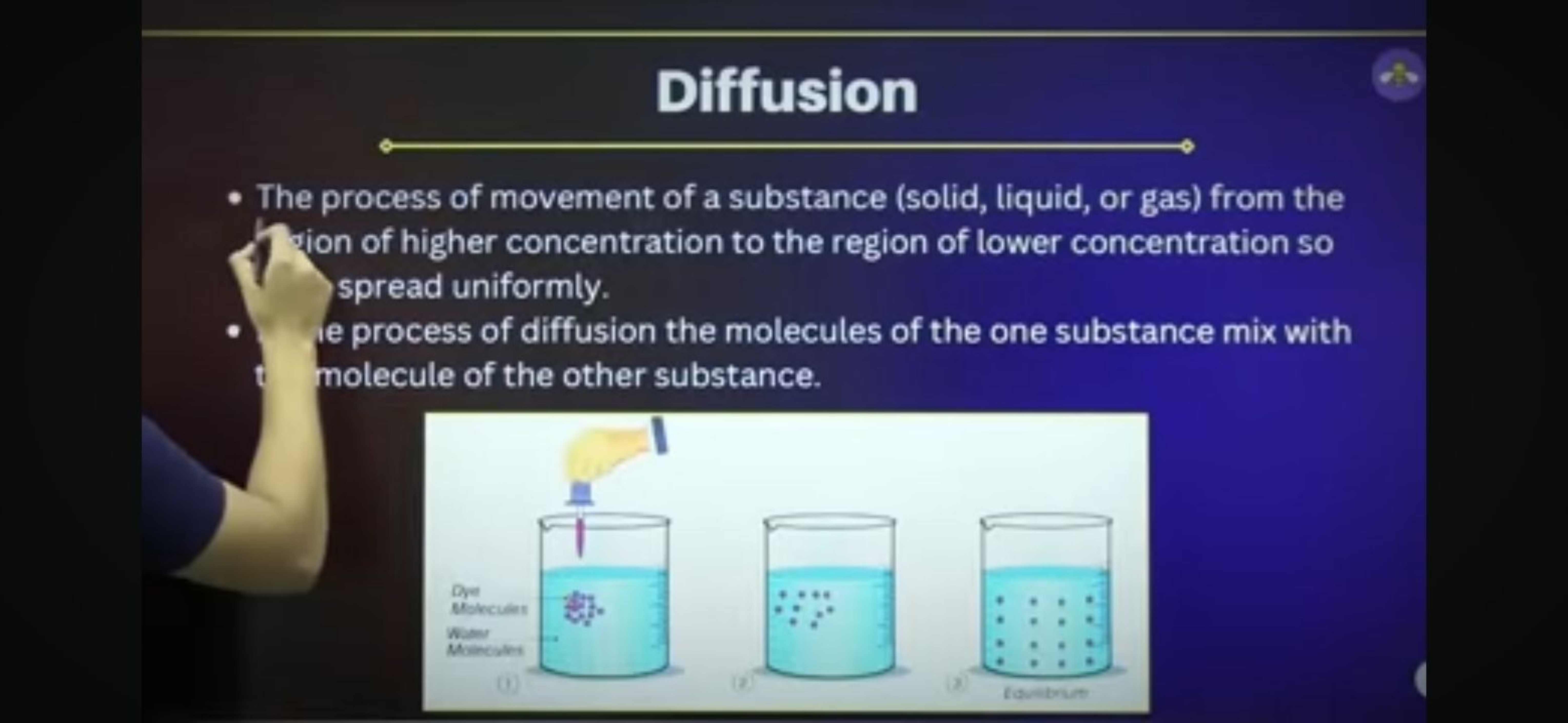 Diffusion
- The process of movement of a substance (solid, liquid, or 