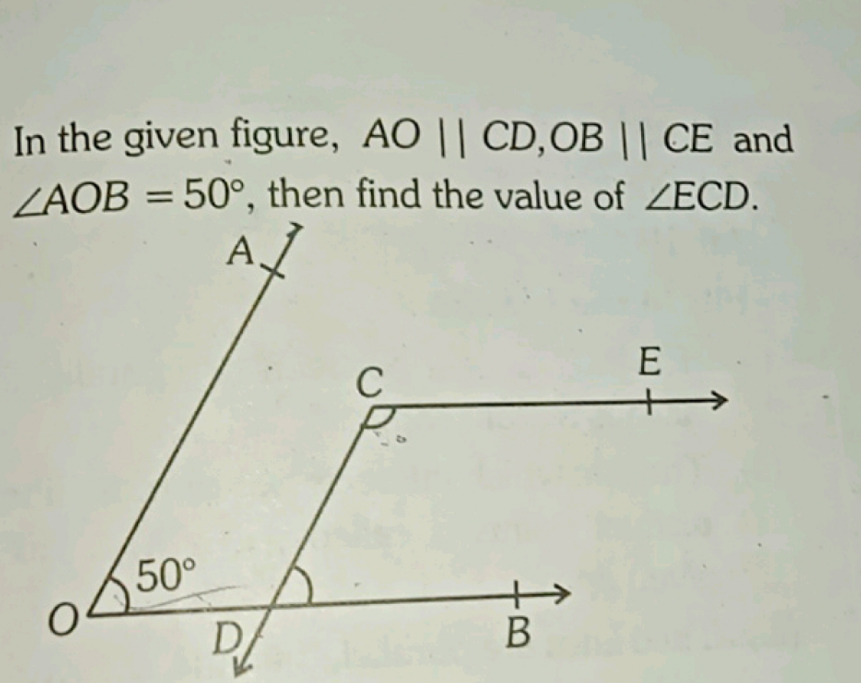 In the given figure, AO∥CD,OB∥CE and ∠AOB=50∘, then find the value of 