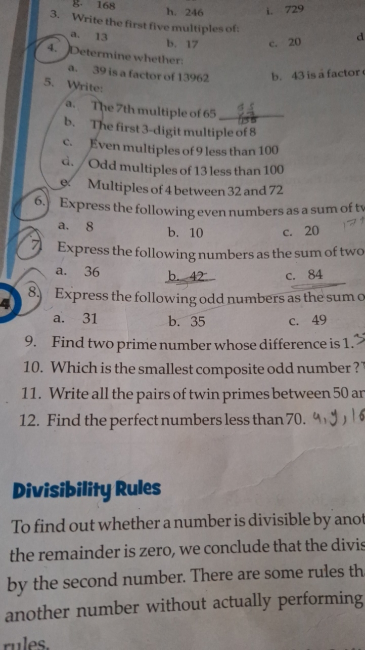 3. g. 168
h. 246
i. 729
a. 13
c. 20
4. Determine whether:
a. 39 is a f