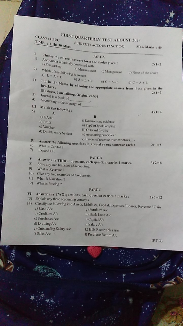 ClaSS: I PUC
TIME: 1 Hr .30 Mins .
FIRST QUARTERLY TEST AUGUST 2024
SU