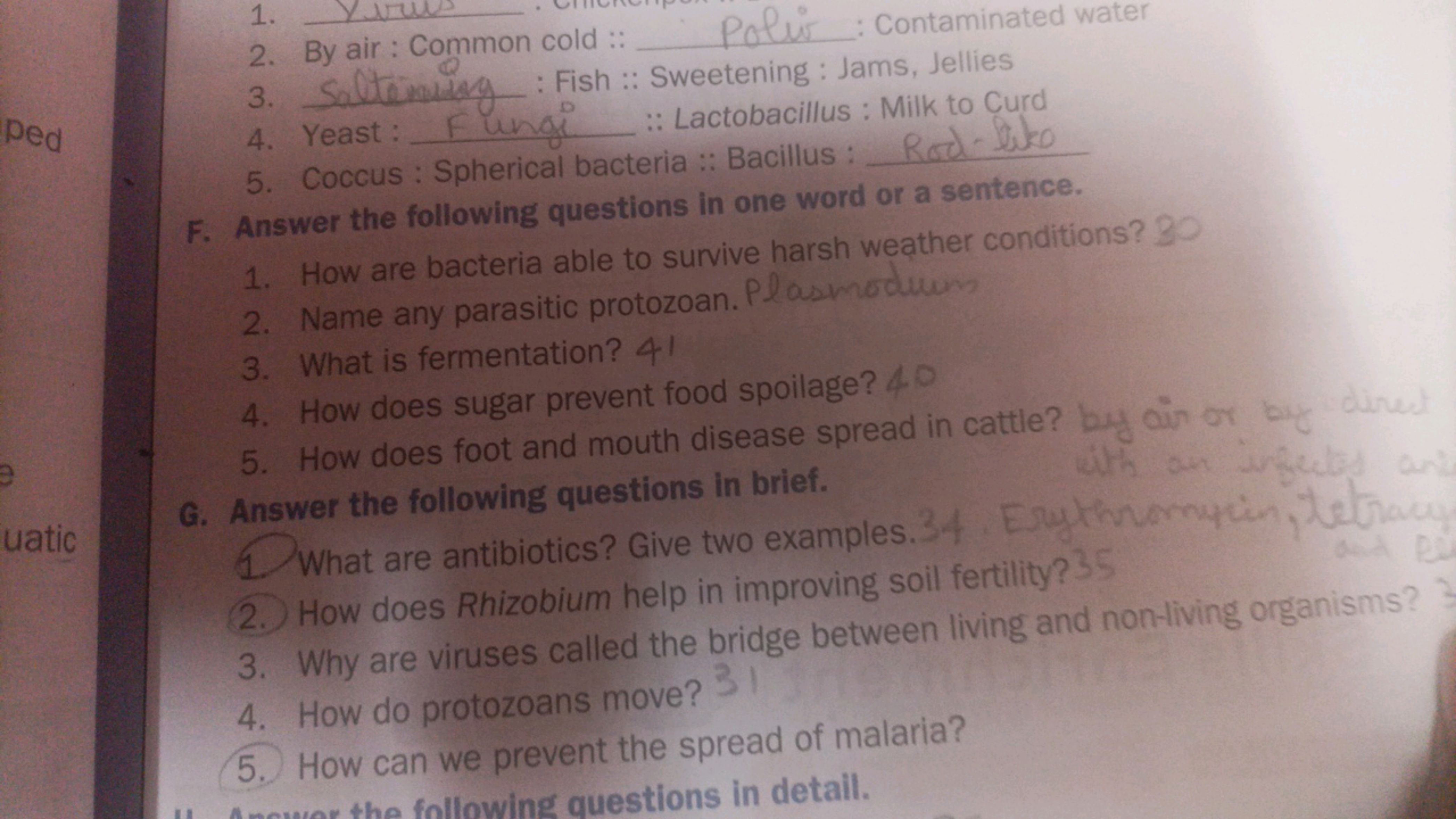 1. 
2. By air : Common cold :  Polis: Contaminated water
3.  : Fish ::