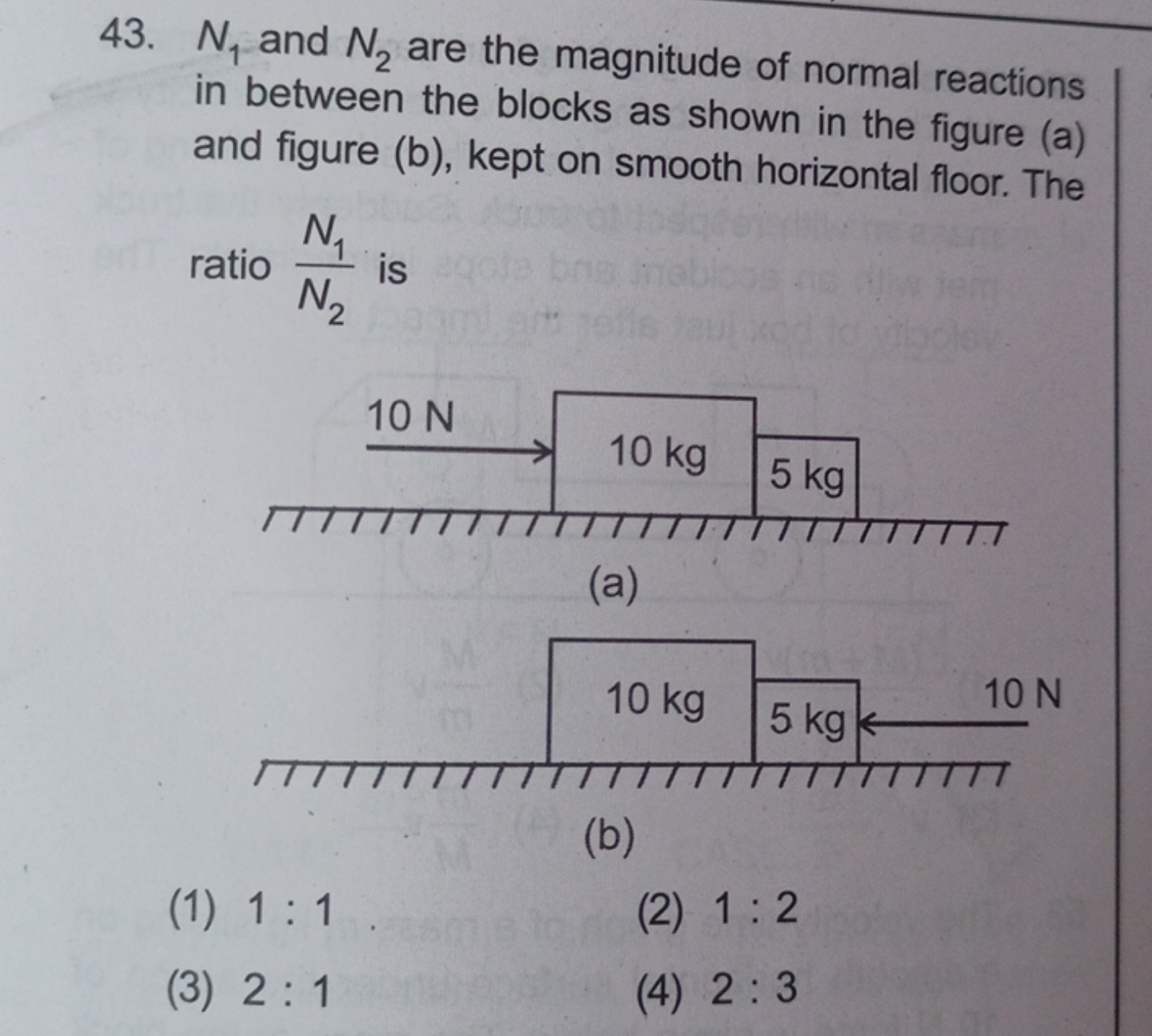 43. N1​ and N2​ are the magnitude of normal reactions in between the b