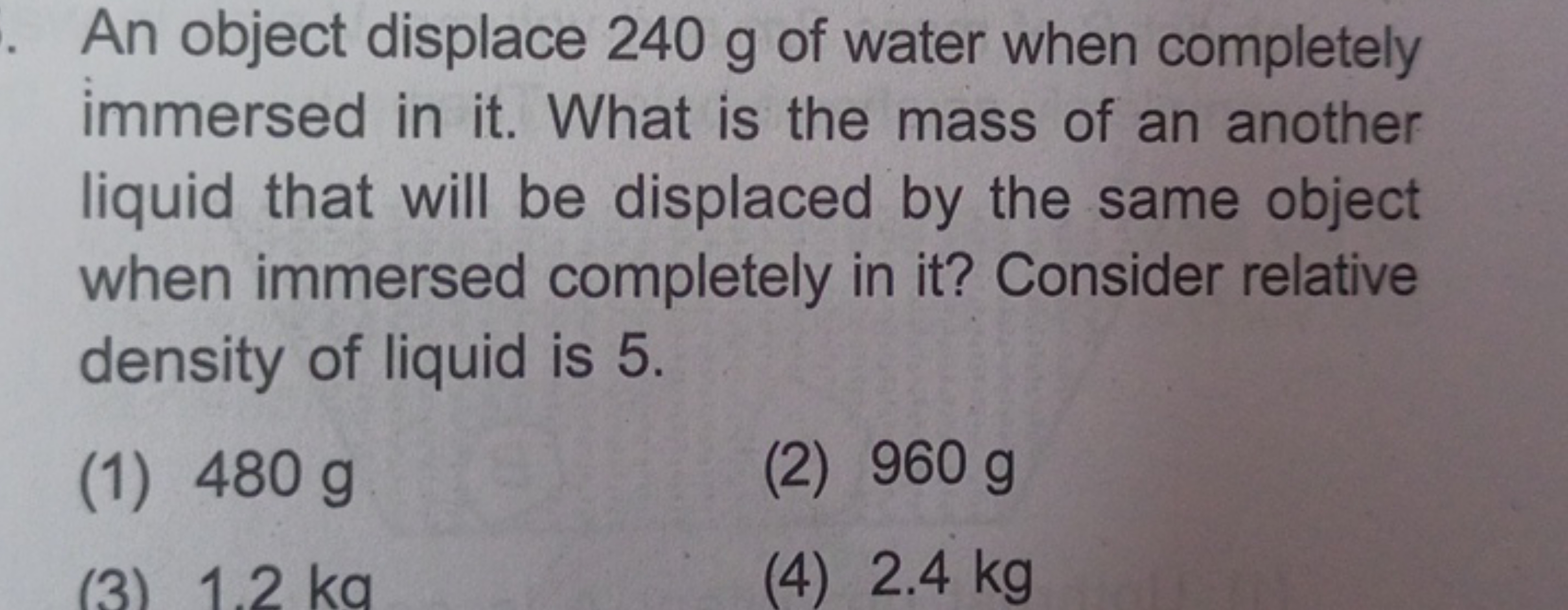 An object displace 240 g of water when completely immersed in it. What