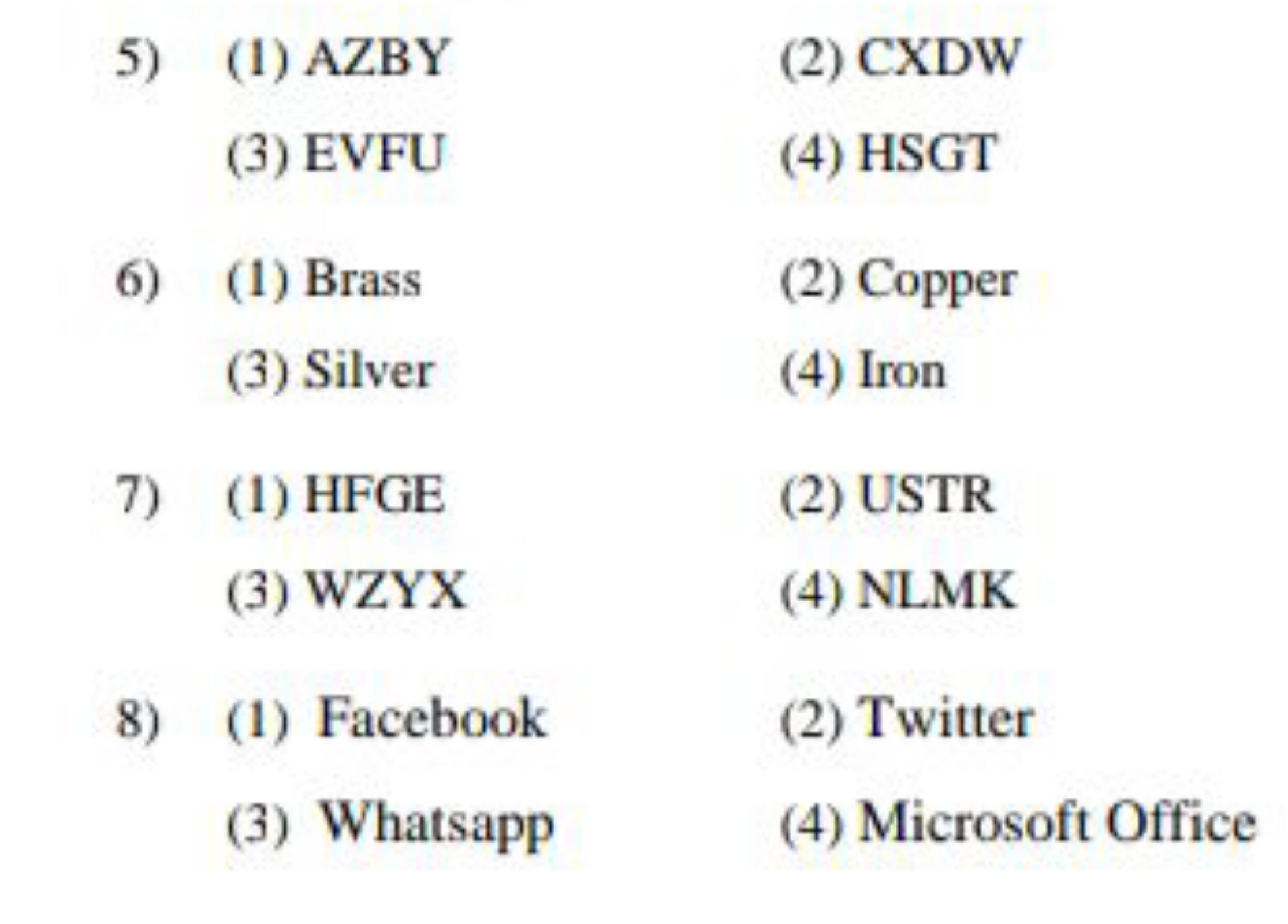 5) (1) AZBY
(2) CXDW
(3) EVFU
(4) HSGT
6) (1) Brass
(2) Copper
(3) Sil