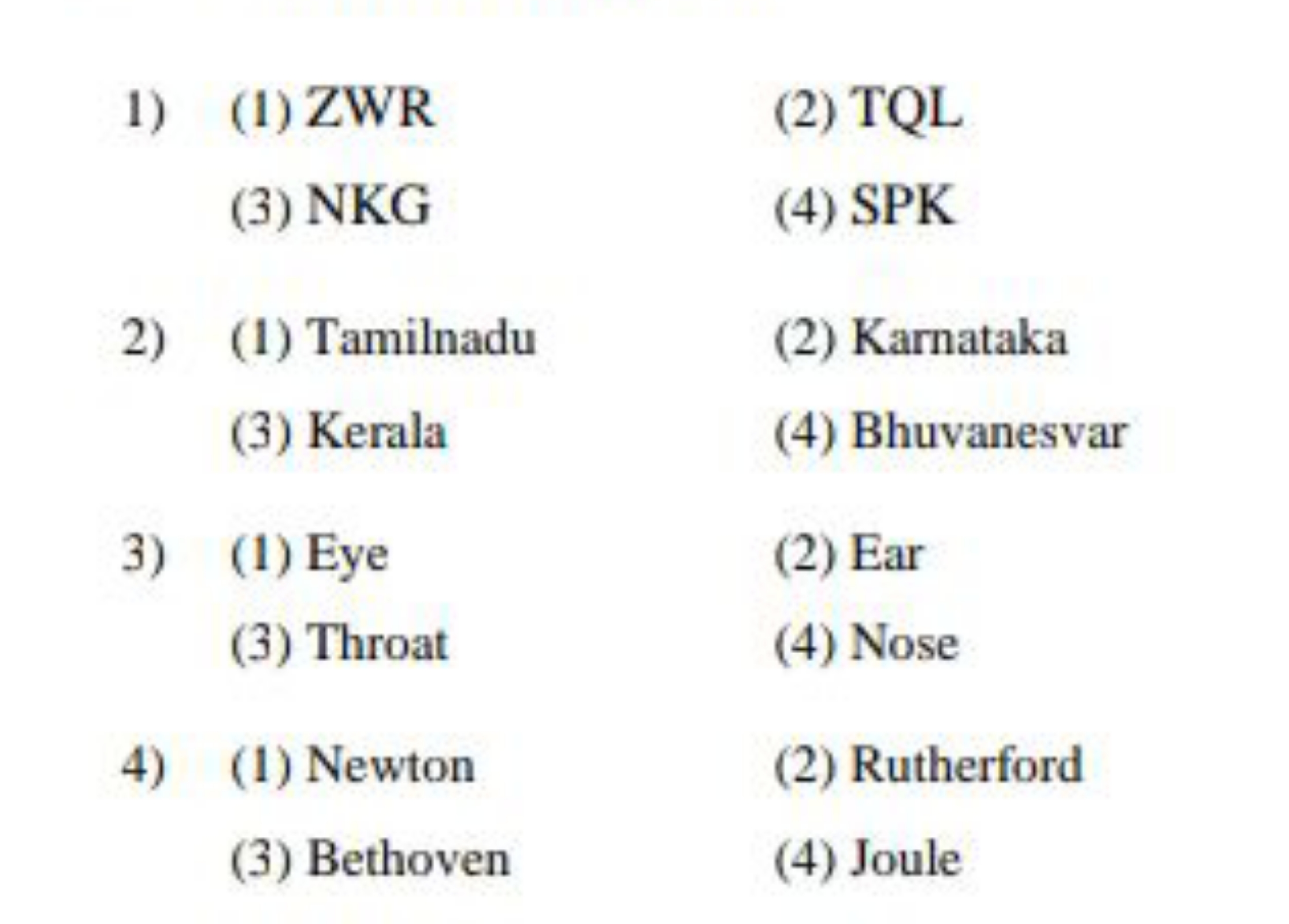 1) (1) ZWR
(2) TQL
(3) NKG
(4) SPK
2) (1) Tamilnadu
(2) Karnataka
(3) 