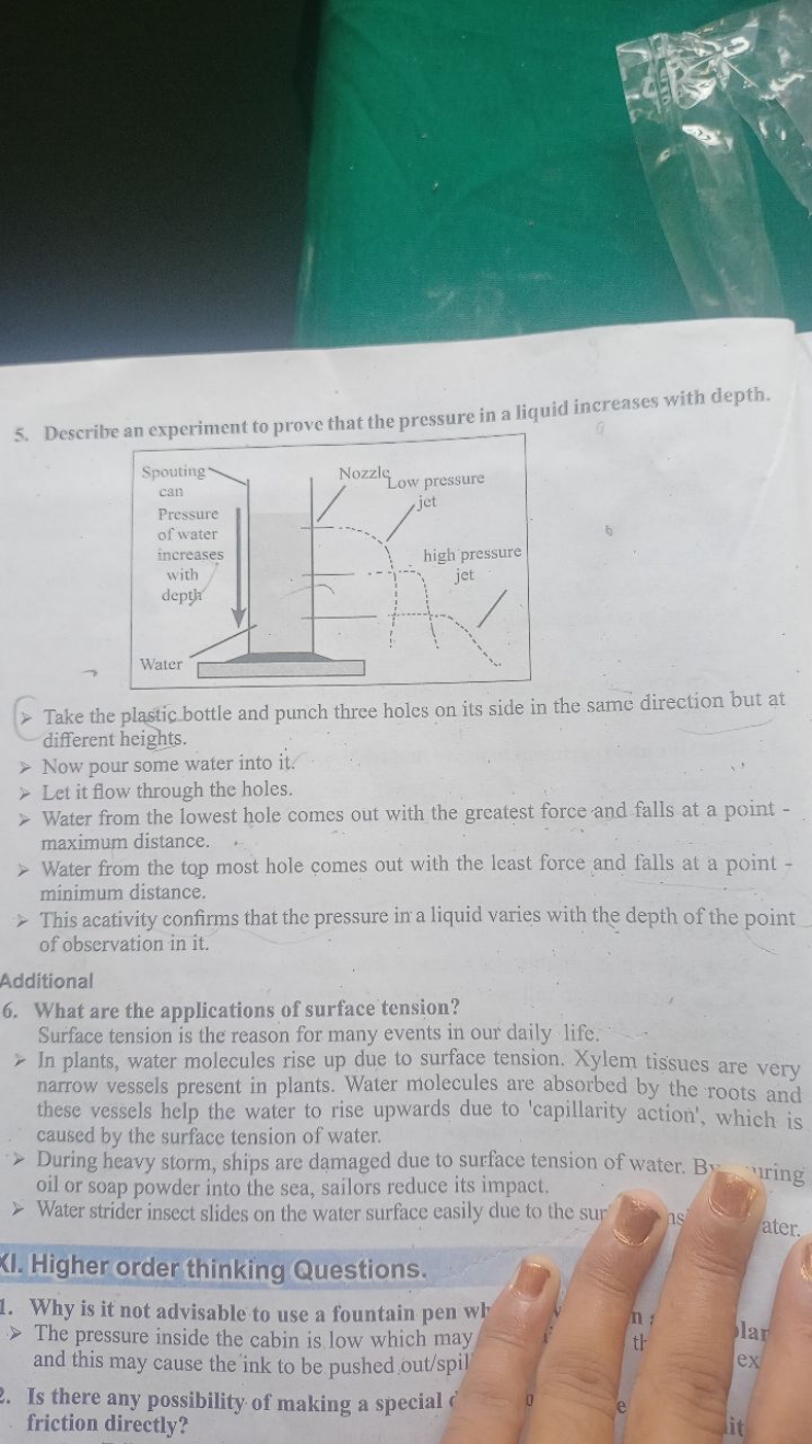 5. Describe an experiment to prove that the pressure in a liquid incre