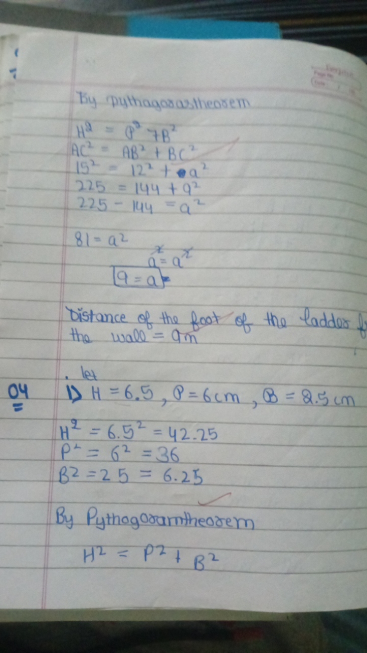 By pythagarastheorem
H2=P2+B2AC2=AB2+BC2152=122+a2225=144+a2225−144=a2