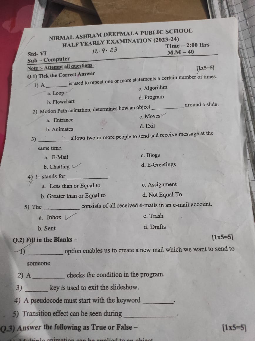 NIRMAL ASHRAM DEEPMALA PUBLIC SCHOOL
HALF YEARLY EXAMINATION (2023-24)